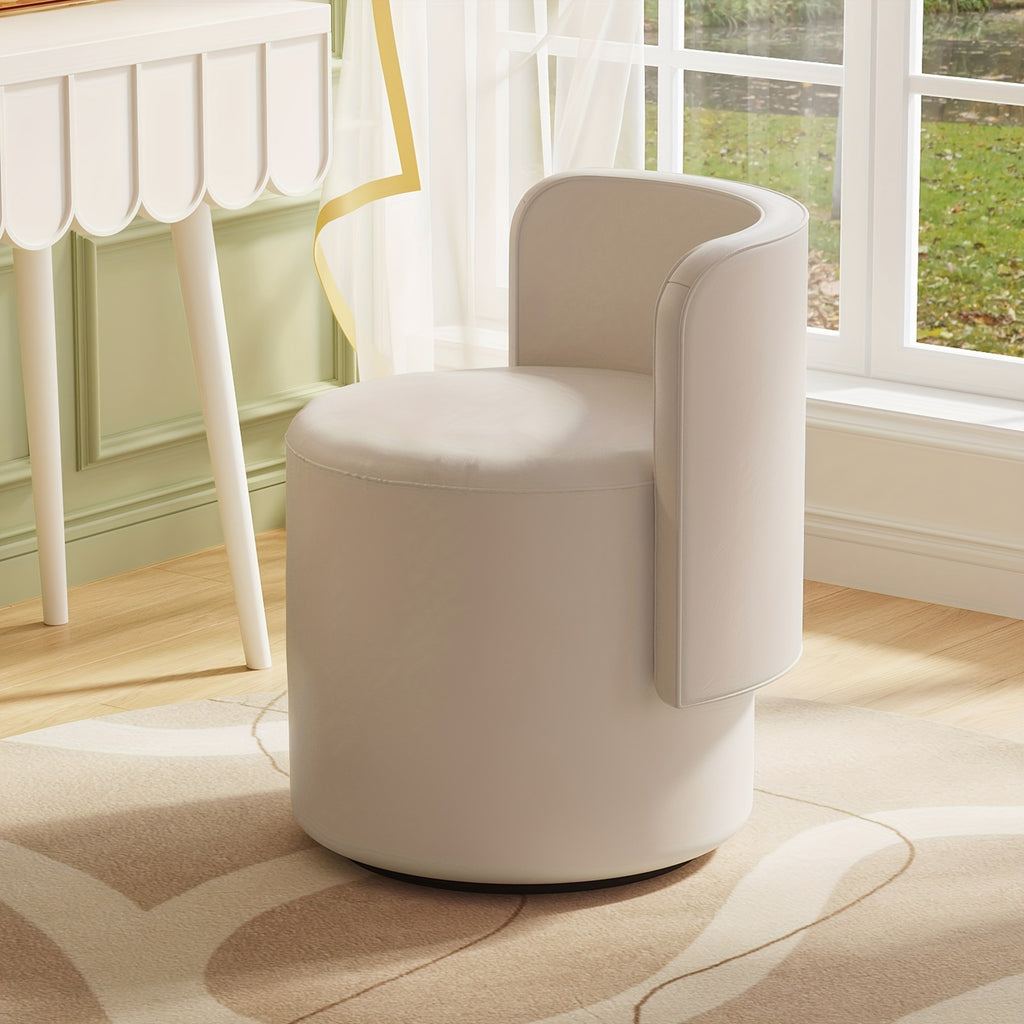 Adjustable Cream White Velvet Upholstered Round Stool And Vanity Chair with a Curved Backrest - a Small Modern Pouf Footrest for Makeup, Suitable for Living Rooms And Bedrooms