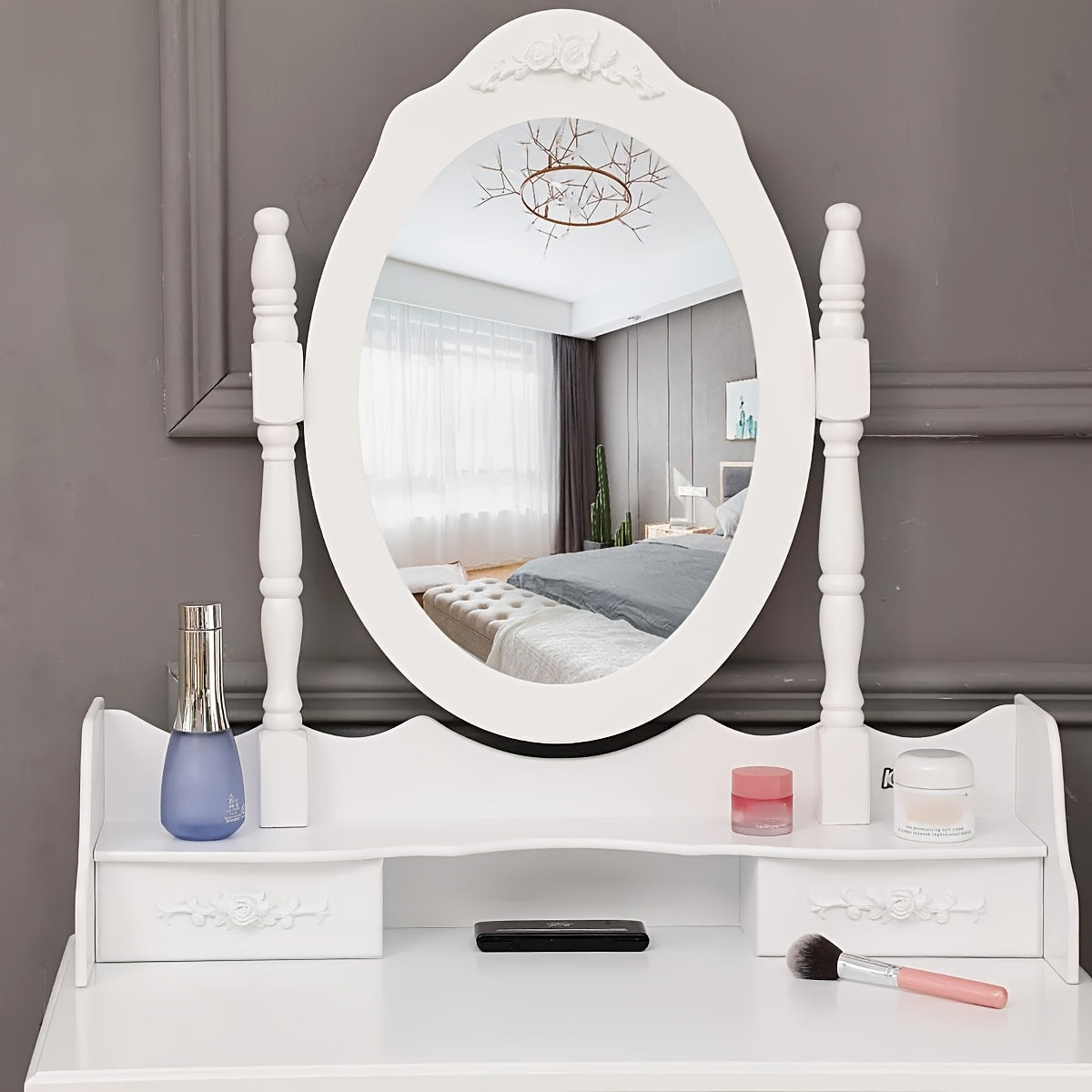 Elegance White Makeup Desk 4-Drawer White Wood Vanity Table and Stool Set - Modern Elegance Makeup Desk with Mirror