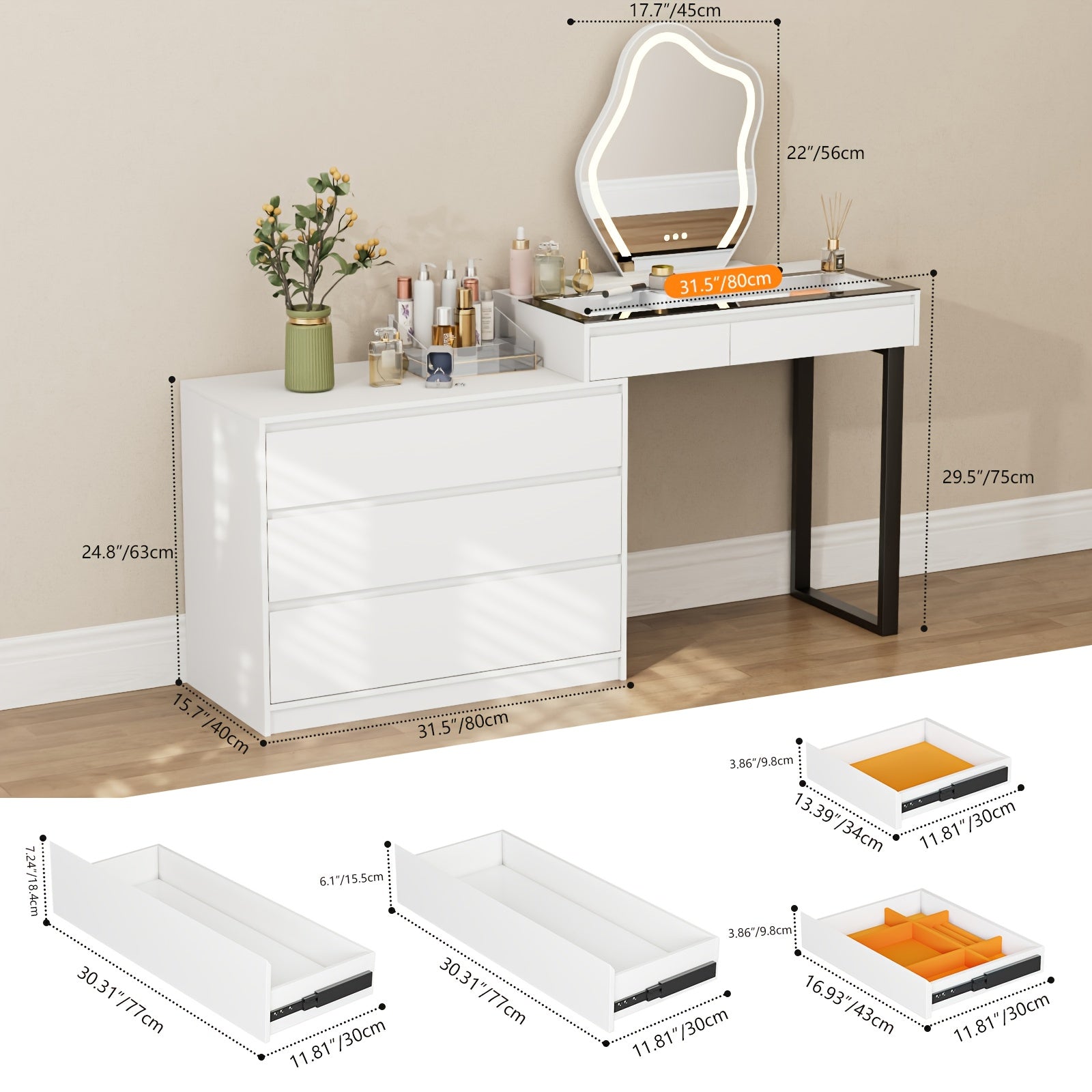 Modern Corner Dressing Table with Mirror And LED Three-color Adjustable Light, Corner Dressing Table Makeup Storage, Glass Top Dressing Table, Modern Dressing Table with 5 Drawers And Dressing Table, 3 Color Lighting Modes, White(No Charging Station)