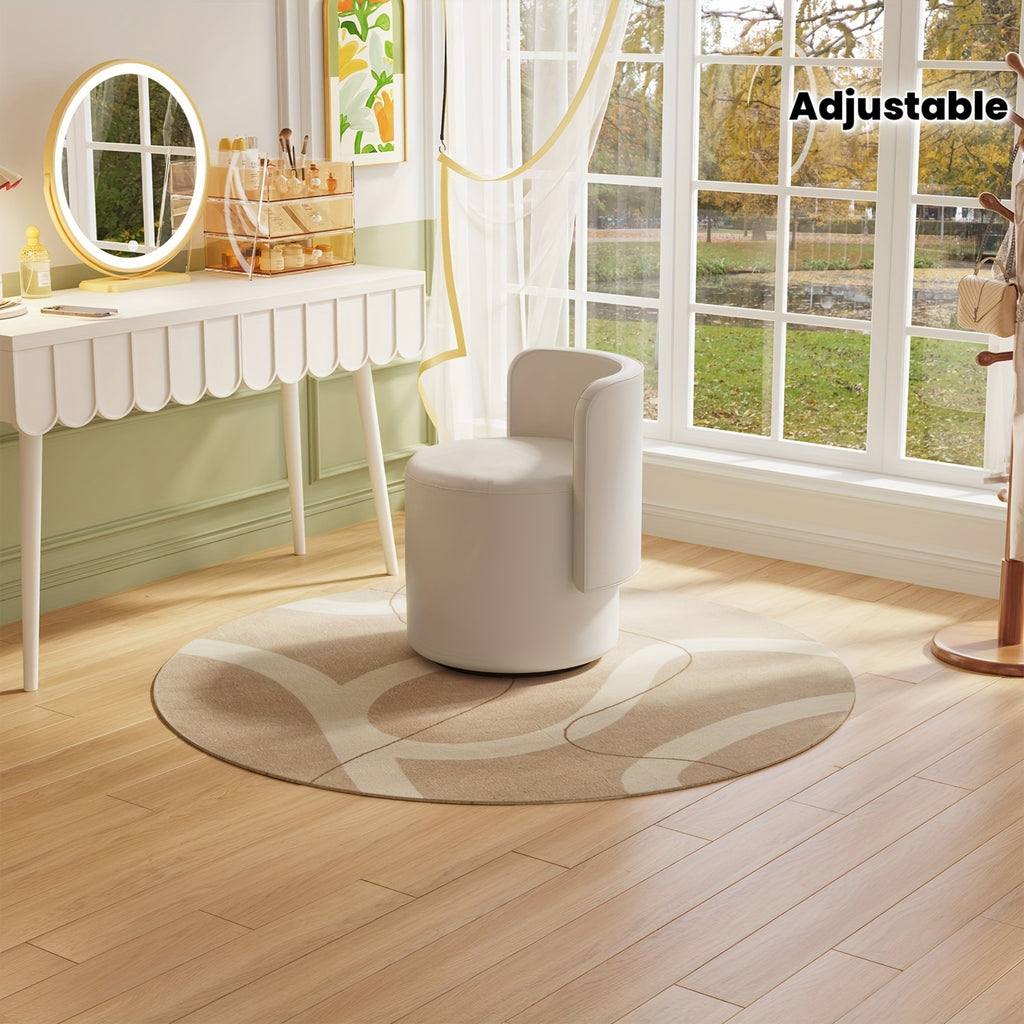 Adjustable Cream White Velvet Upholstered Round Stool And Vanity Chair with a Curved Backrest - a Small Modern Pouf Footrest for Makeup, Suitable for Living Rooms And Bedrooms
