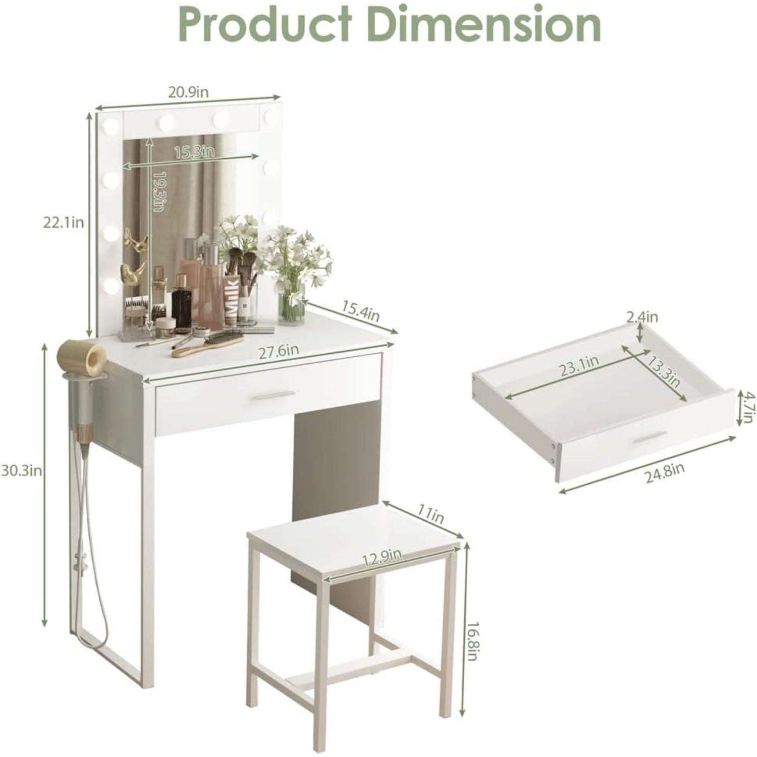 HOSEOKA Compact Vanity Desk Set with Mirror & 10-LED Lighted Makeup Table & Chair - Space-Saving Dressing Table for Small Rooms, Easy Assembly, Low Profile Design (Under 27\