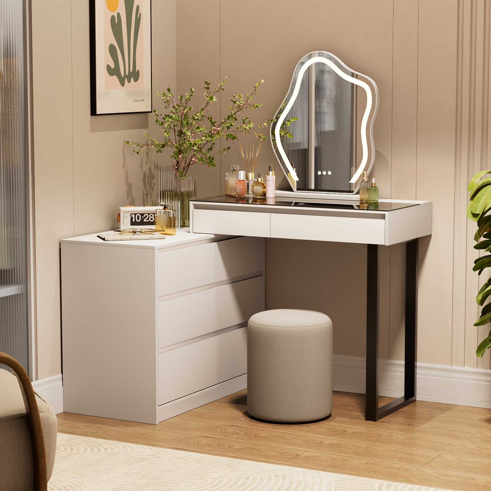 Modern Corner Dressing Table with Mirror And LED Three-color Adjustable Light, Corner Dressing Table Makeup Storage, Glass Top Dressing Table, Modern Dressing Table with 5 Drawers And Dressing Table, 3 Color Lighting Modes, White(No Charging Station)