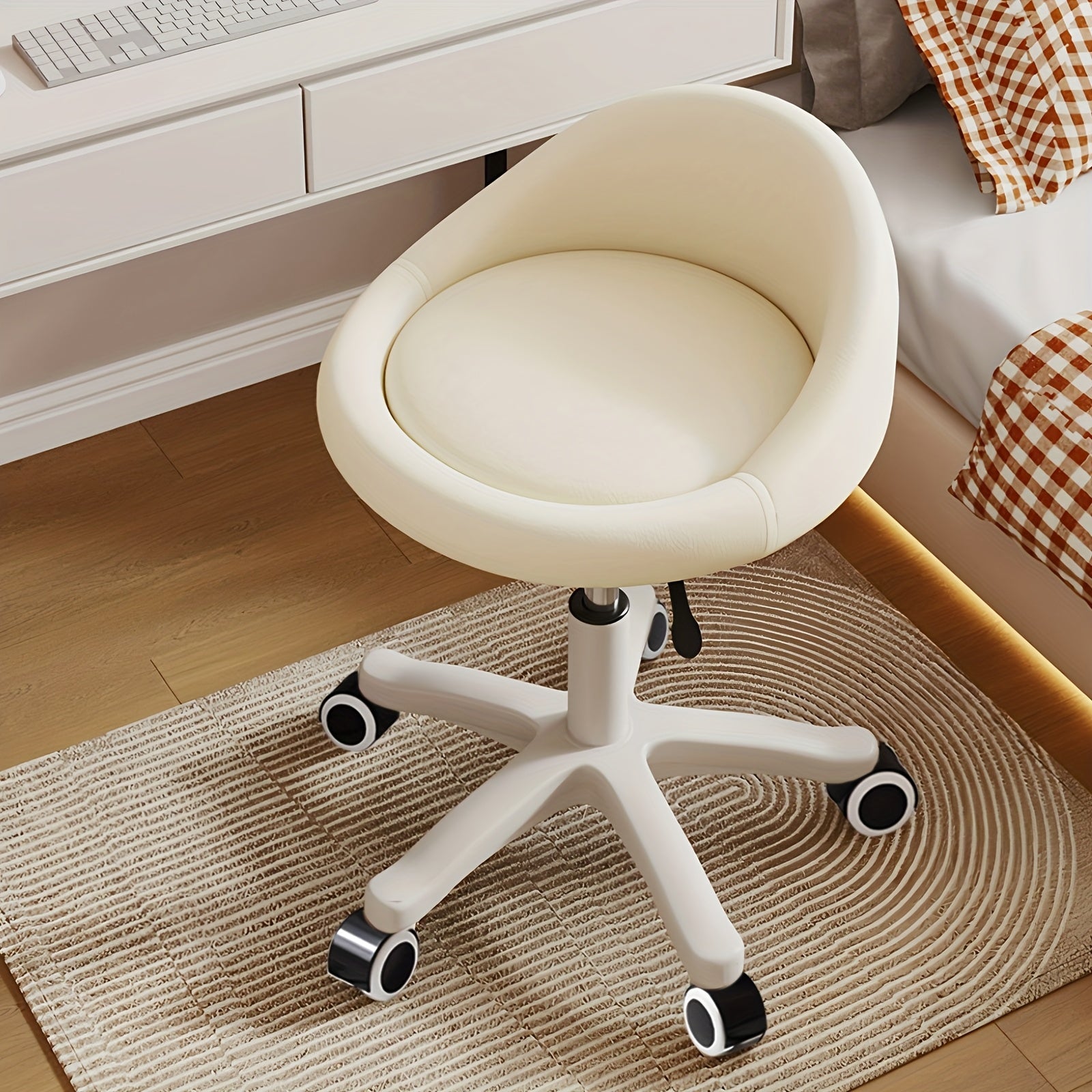 1pc\u002F2pcs Rolling Vanity Stool with Low Back, Height Adjustable Round Makeup Chair with 360° Swivel Wheels, PU Leather Dressing Stool for Bedroom, Salon, And Beauty Room