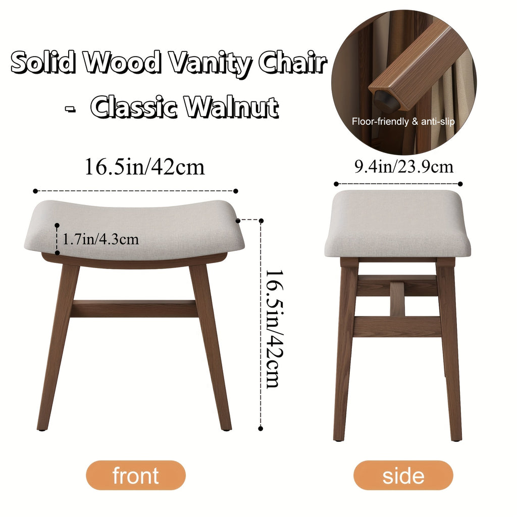 KASLANDI Solid Wood Compact Vanity Stool & Makeup Chair - Frame with Saddle Cushion, Linen-Wrapped High-Rebound Sponge Seat, Easy Assembly Footstool for Small Spaces Suitable for Bedroom, Entryway,, Dorm - Classic Style