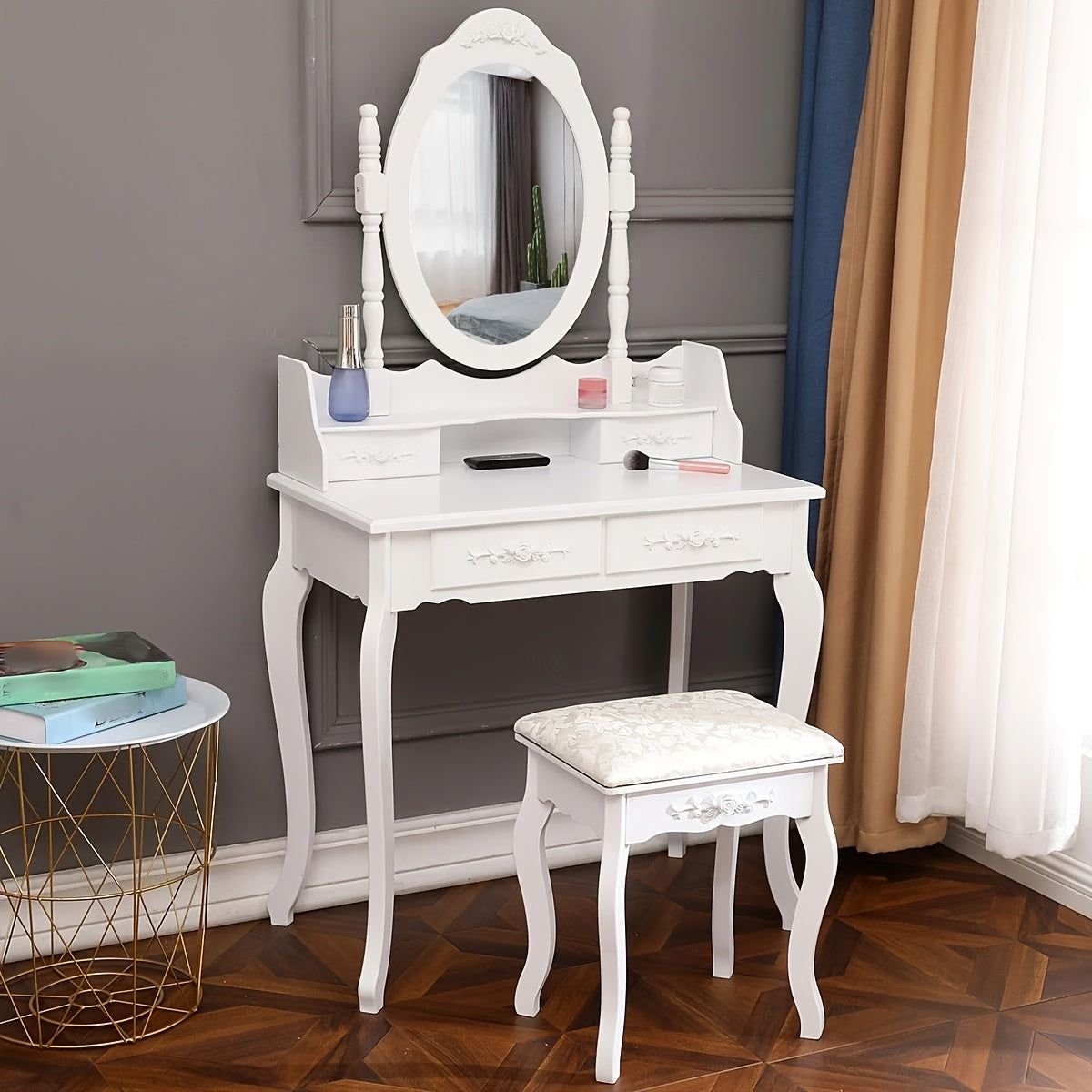 Elegance White Makeup Desk 4-Drawer White Wood Vanity Table and Stool Set - Modern Elegance Makeup Desk with Mirror