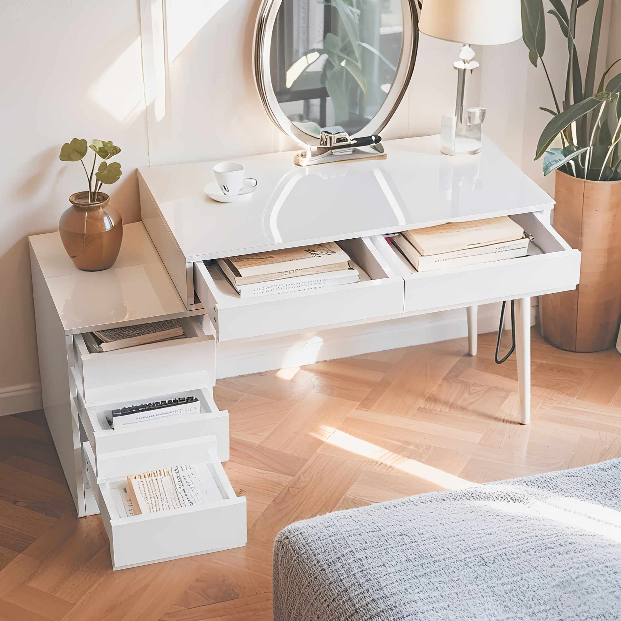 White Desk with Drawers & Reversible Dressing Table - Modern Home Office Computer Desk, Hardwood & Metal Frame, Compact Space-Saving Design Under 27\
