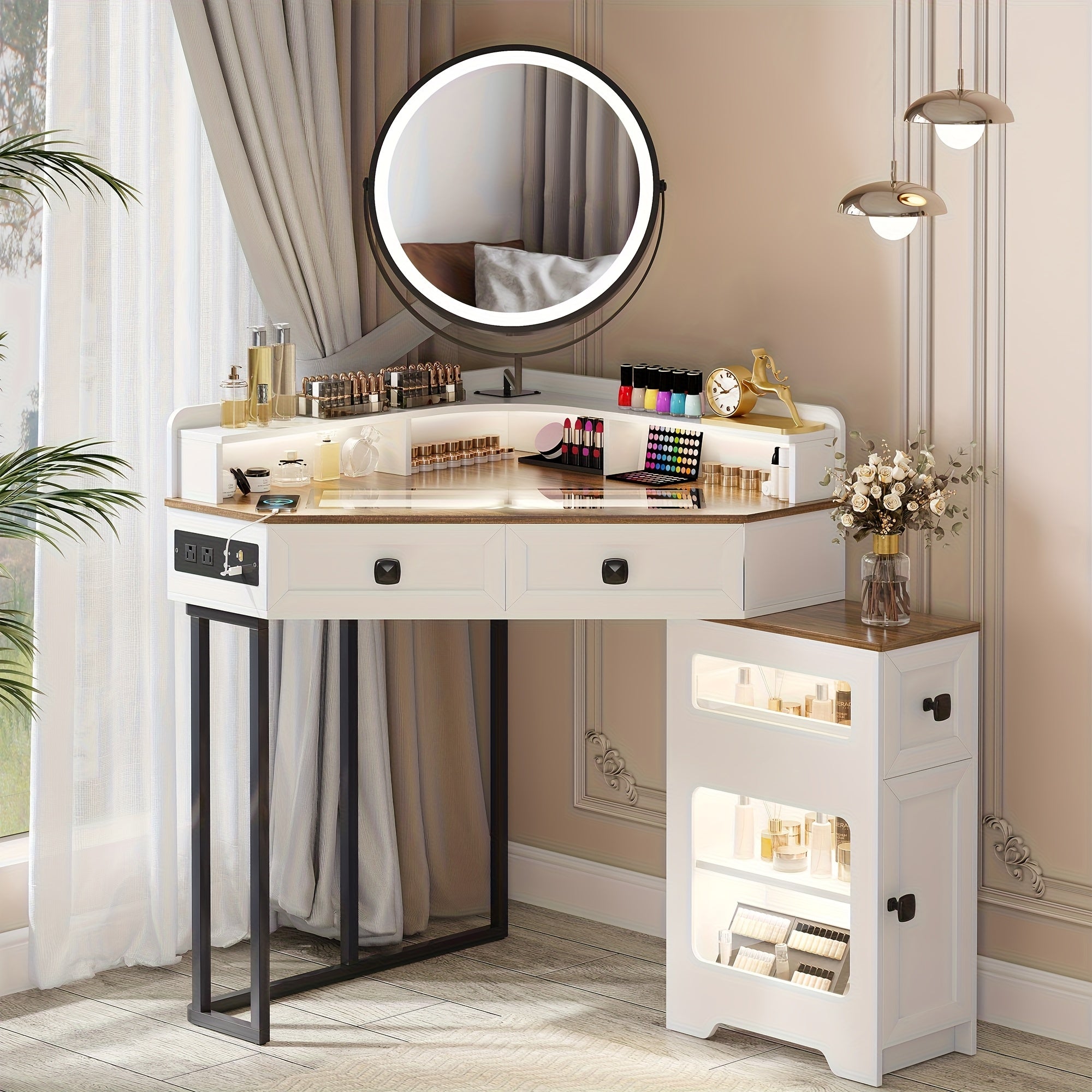 Modern Makeup Vanity Set Featuring a Mirror And Lights, Including a Charging Station, Designed for Bedrooms Or Cloakrooms, with a Glass Top And Storage Drawers And Shelves in White