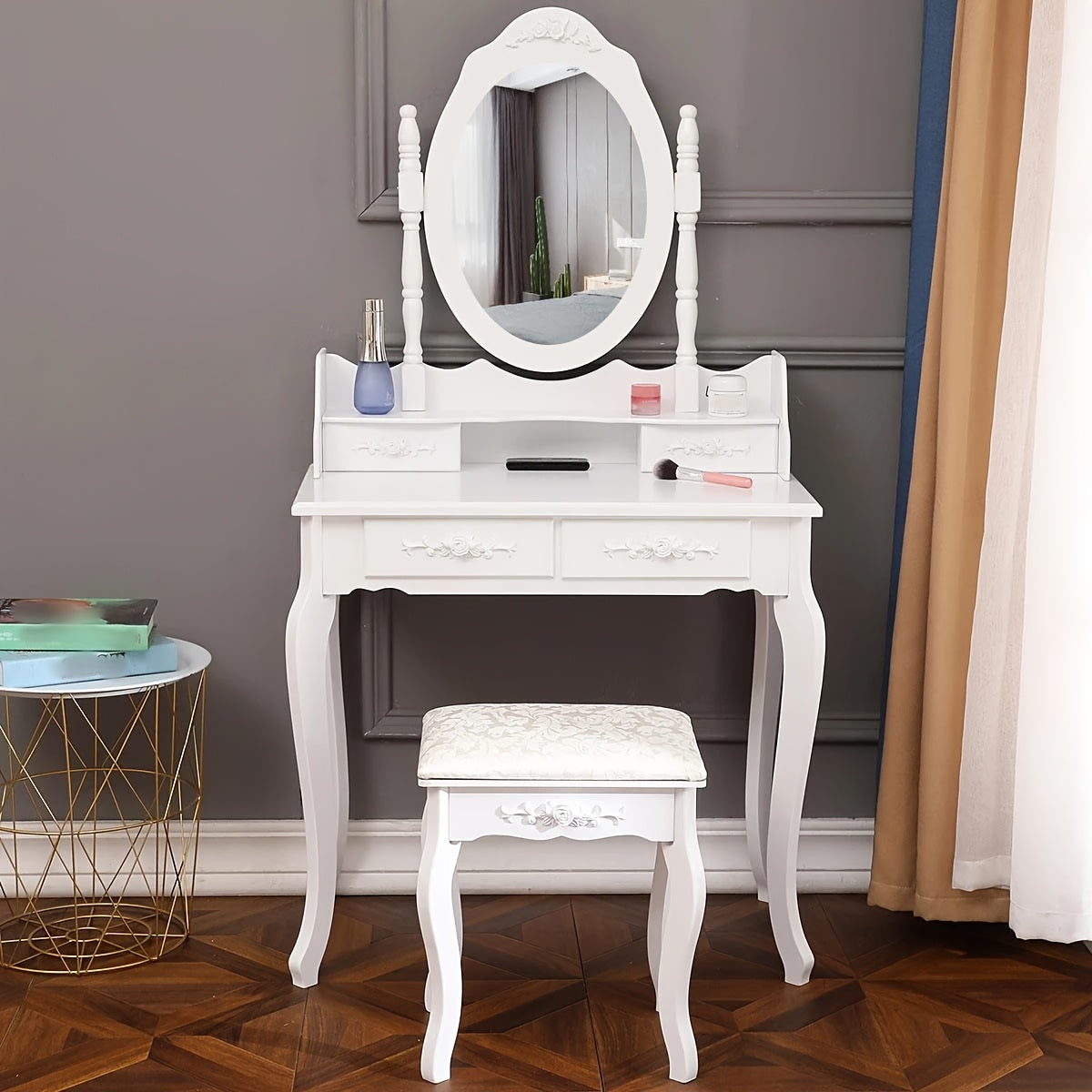 Elegance White Makeup Desk 4-Drawer White Wood Vanity Table and Stool Set - Modern Elegance Makeup Desk with Mirror