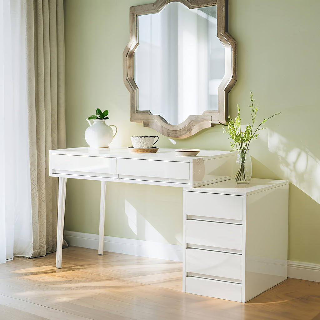 White Desk with Drawers & Reversible Dressing Table - Modern Home Office Computer Desk, Hardwood & Metal Frame, Compact Space-Saving Design Under 27\