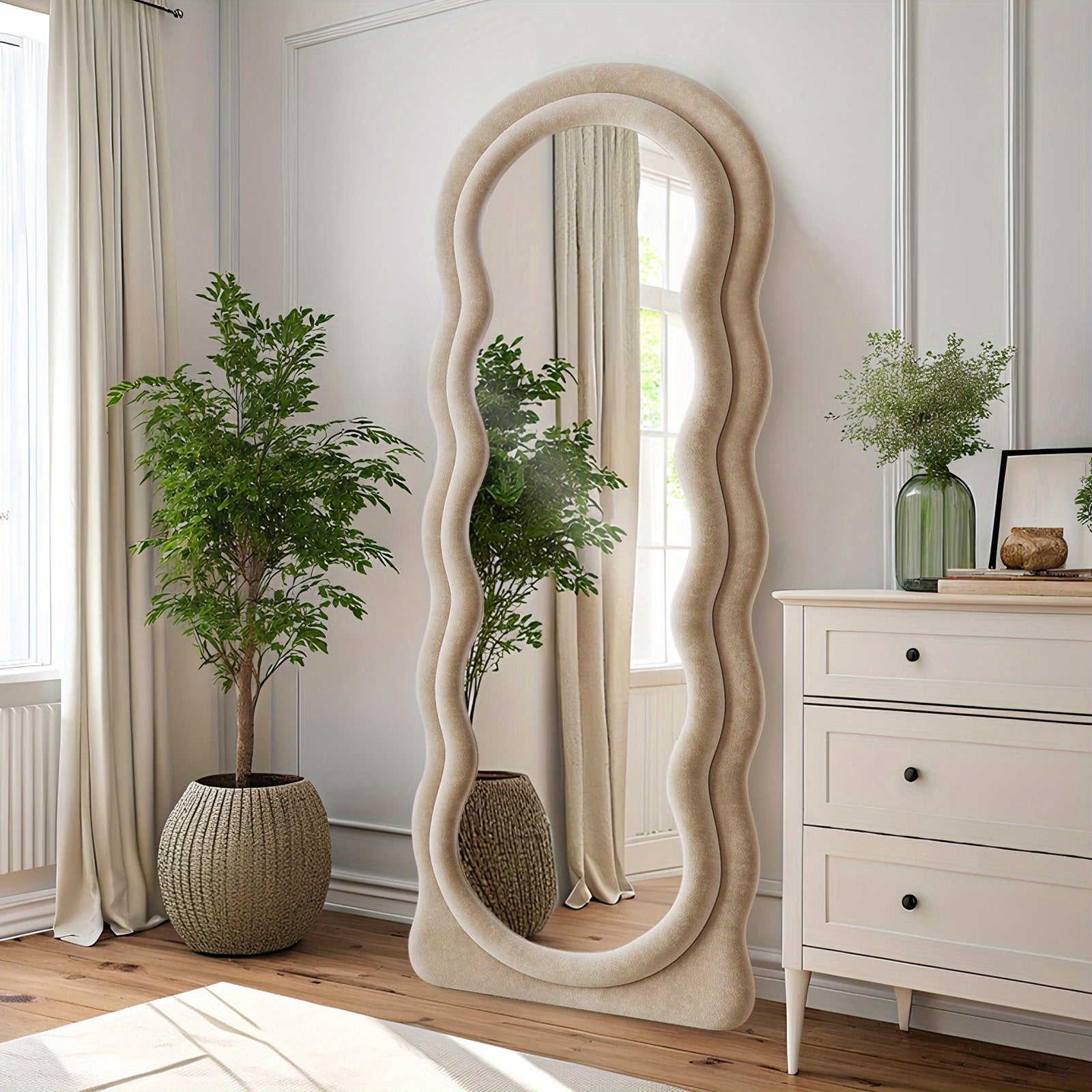 63x24 Inches Flannel Frame Wavy Full Length Mirror, Hanging or Leaning Mirror, Irregular Makeup Mirror Elegant Wall Mirror for Bedroom Cloakroom Bathroom Living Room Decorative