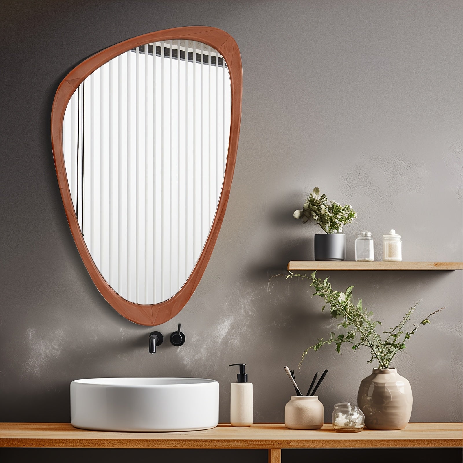 WallBeyond Classic Walnut Color Pebble Shape Wall Mirror 30\