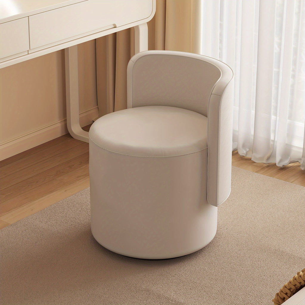 Adjustable Cream White Velvet Upholstered Round Stool And Vanity Chair with a Curved Backrest - a Small Modern Pouf Footrest for Makeup, Suitable for Living Rooms And Bedrooms