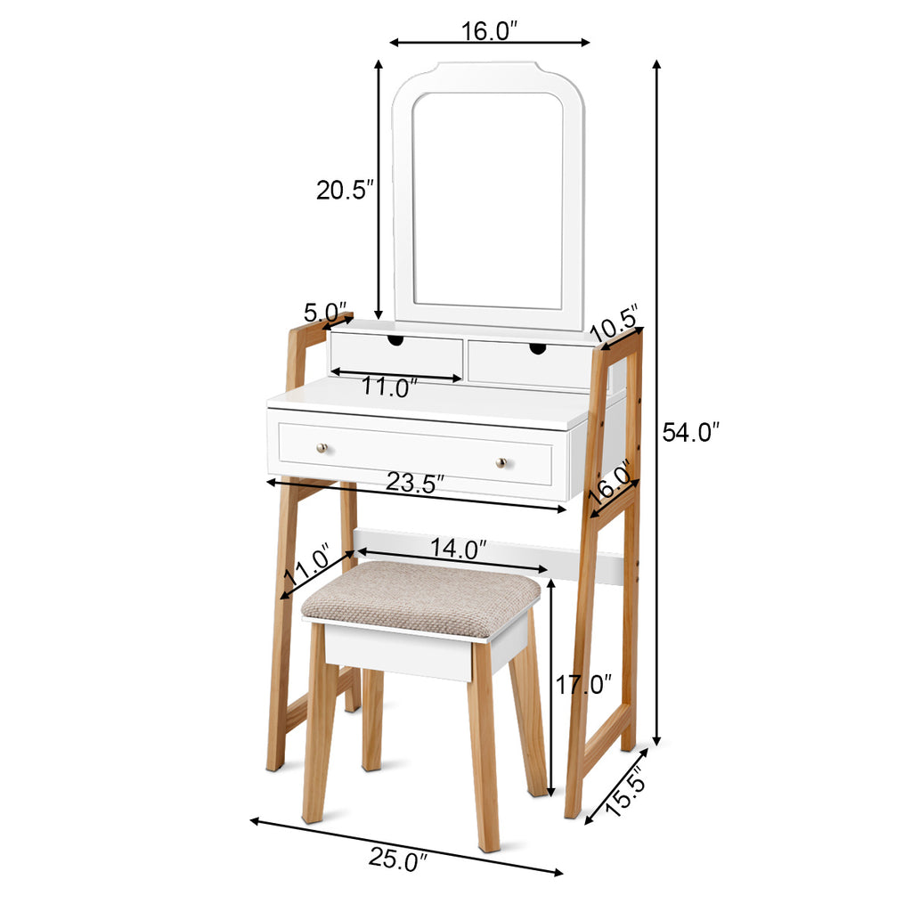 COSTWAY Solid Wood Scandinavian Modern Dressing Table with Height-Adjustable Mirror & 3-Drawer Storage - White & Natural Wood Finish, Padded Stool with Legs
