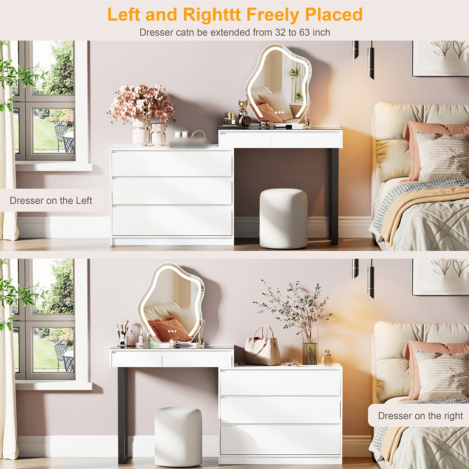 Modern Corner Dressing Table with Mirror And LED Three-color Adjustable Light, Corner Dressing Table Makeup Storage, Glass Top Dressing Table, Modern Dressing Table with 5 Drawers And Dressing Table, 3 Color Lighting Modes, White(No Charging Station)