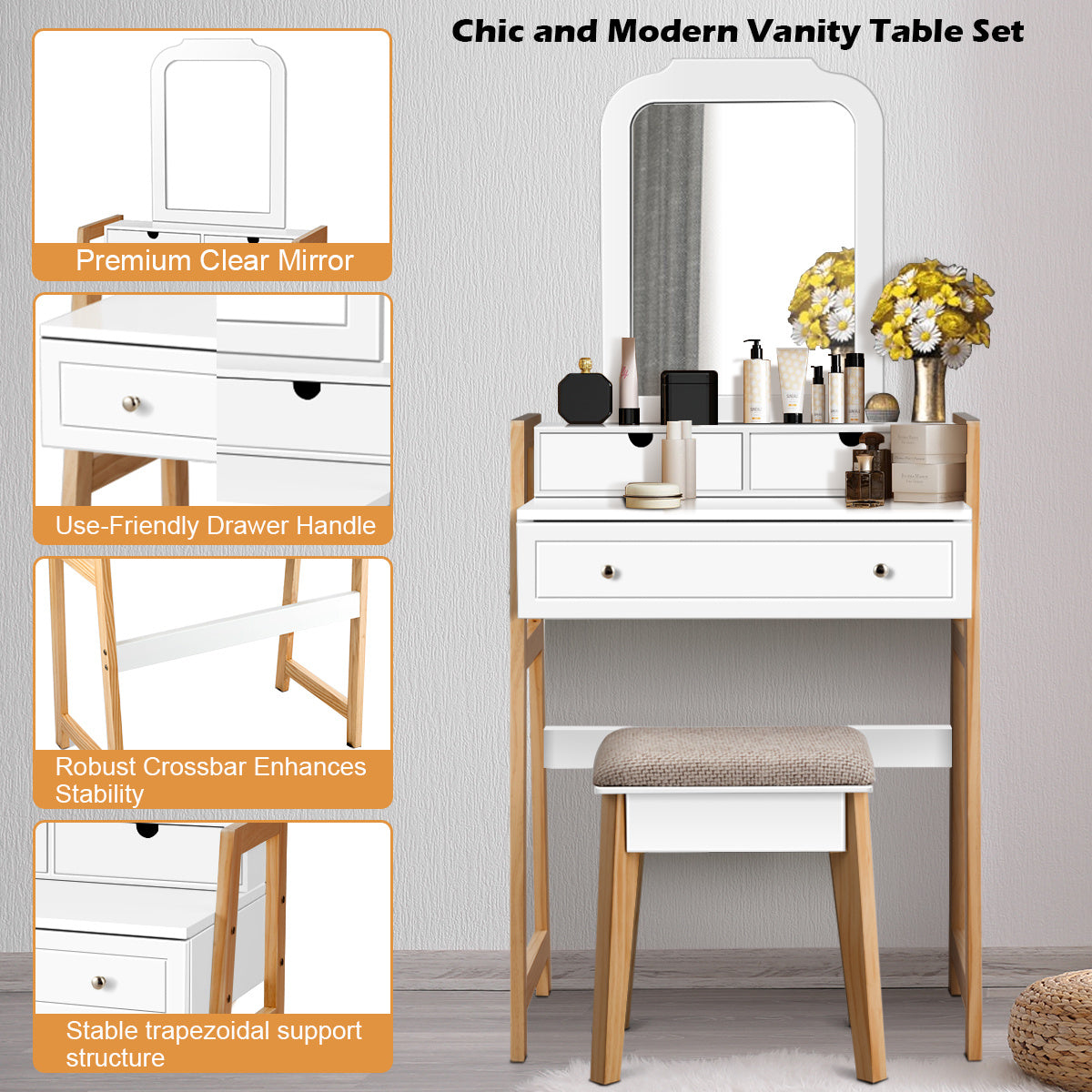 COSTWAY Solid Wood Scandinavian Modern Dressing Table with Height-Adjustable Mirror & 3-Drawer Storage - White & Natural Wood Finish, Padded Stool with Legs