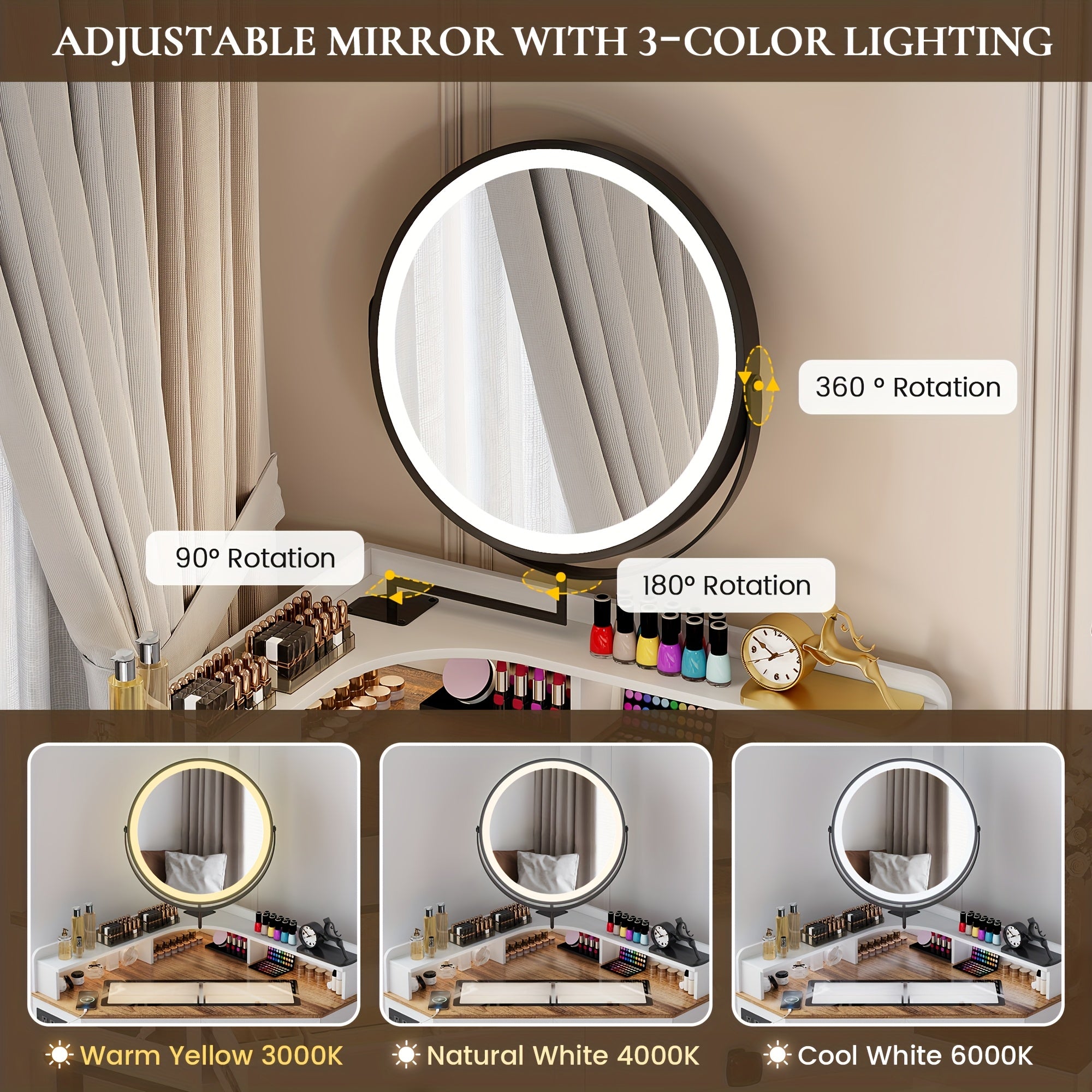 Modern Makeup Vanity Set Featuring a Mirror And Lights, Including a Charging Station, Designed for Bedrooms Or Cloakrooms, with a Glass Top And Storage Drawers And Shelves in White