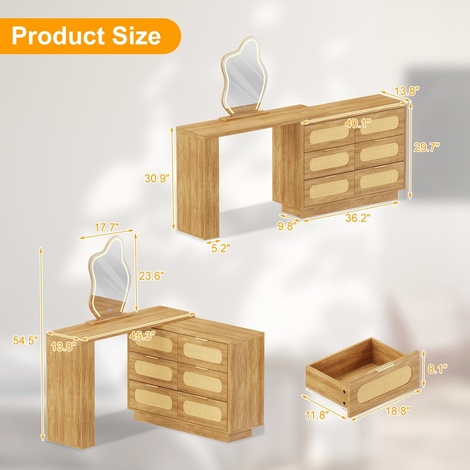 Luxury Makeup Vanity Desk with LED Lighted Mirror - Expandable L-Shaped Corner Table, 6 Drawers & 2 Shelves, Adjustable Brightness Mirror (3 Color Modes) - Walnut Dressing Table for Bedroom, Home Office, Computer Desk - Easy Assembly