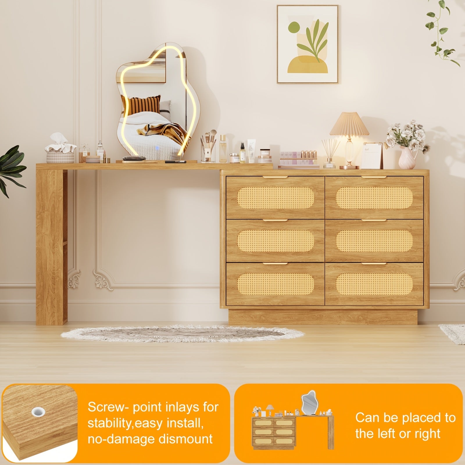 Luxury Makeup Vanity Desk with LED Lighted Mirror - Expandable L-Shaped Corner Table, 6 Drawers & 2 Shelves, Adjustable Brightness Mirror (3 Color Modes) - Walnut Dressing Table for Bedroom, Home Office, Computer Desk - Easy Assembly