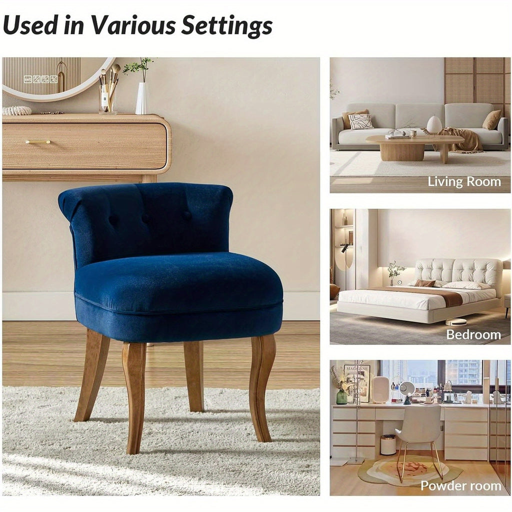Navy Velvet Vanity Stool with Low Back - Modern Upholstered Makeup Chair with Solid Wood Legs, Assembly Compact Dressing Table Chair Suitable for Women & Girls, Bedroom, Living Room, Dressing Table - Stylish Chair