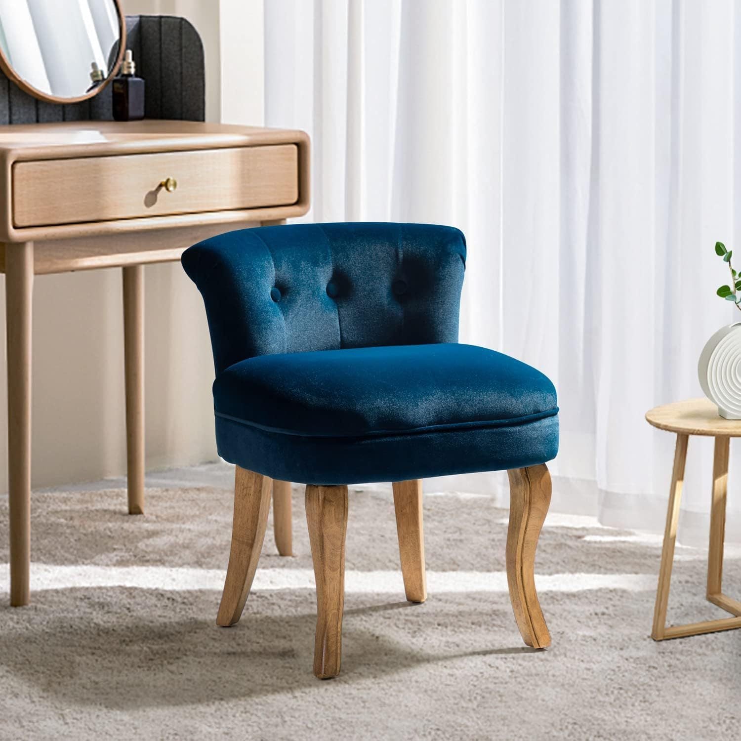 Navy Velvet Vanity Stool with Low Back - Modern Upholstered Makeup Chair with Solid Wood Legs, Assembly Compact Dressing Table Chair Suitable for Women & Girls, Bedroom, Living Room, Dressing Table - Stylish Chair