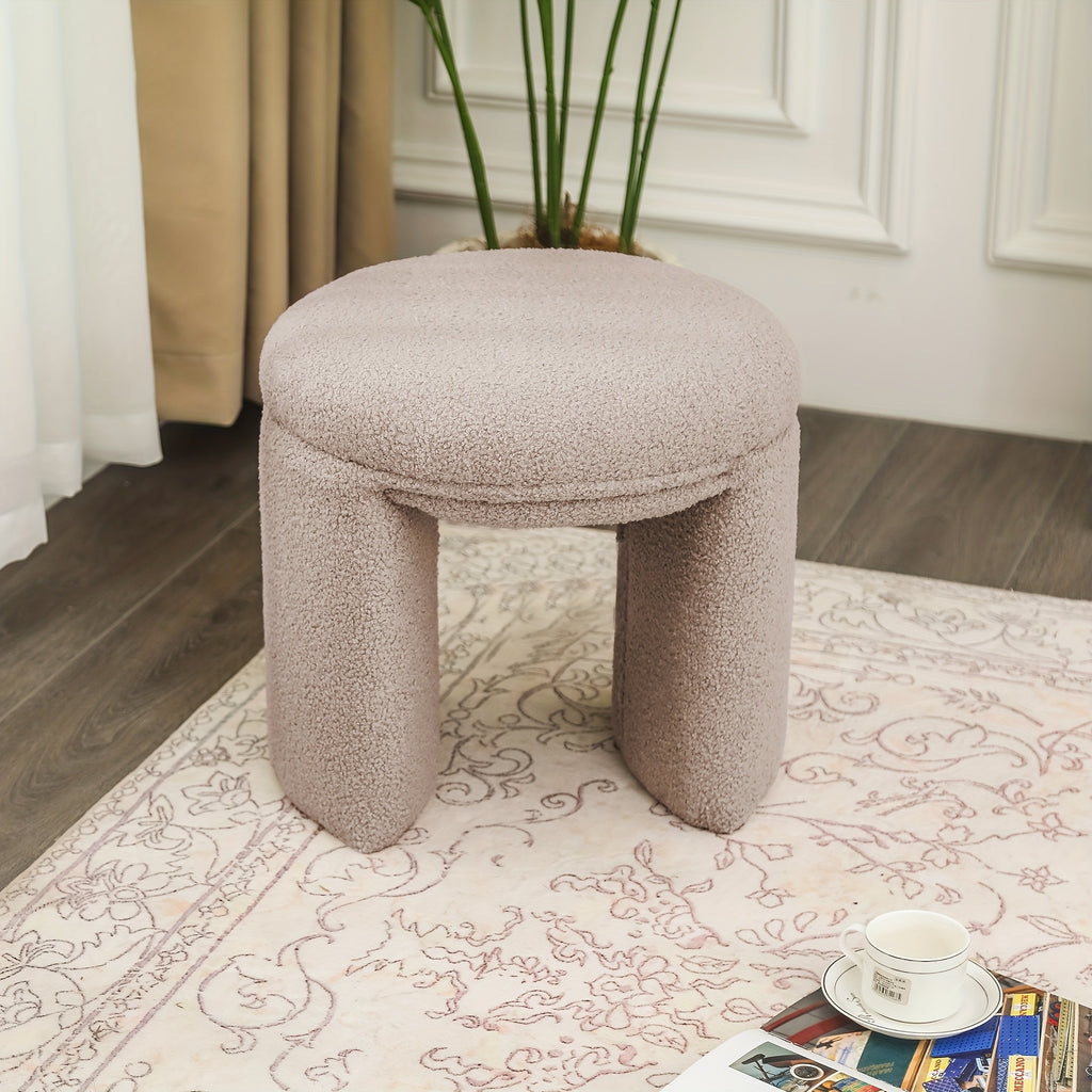 Boucle Ottoman, Round Sherpa Vanity Stool Chair, Small Upholstered Modern Teddy Footstool for Makeup, Living Room, Entryway, Bedroom