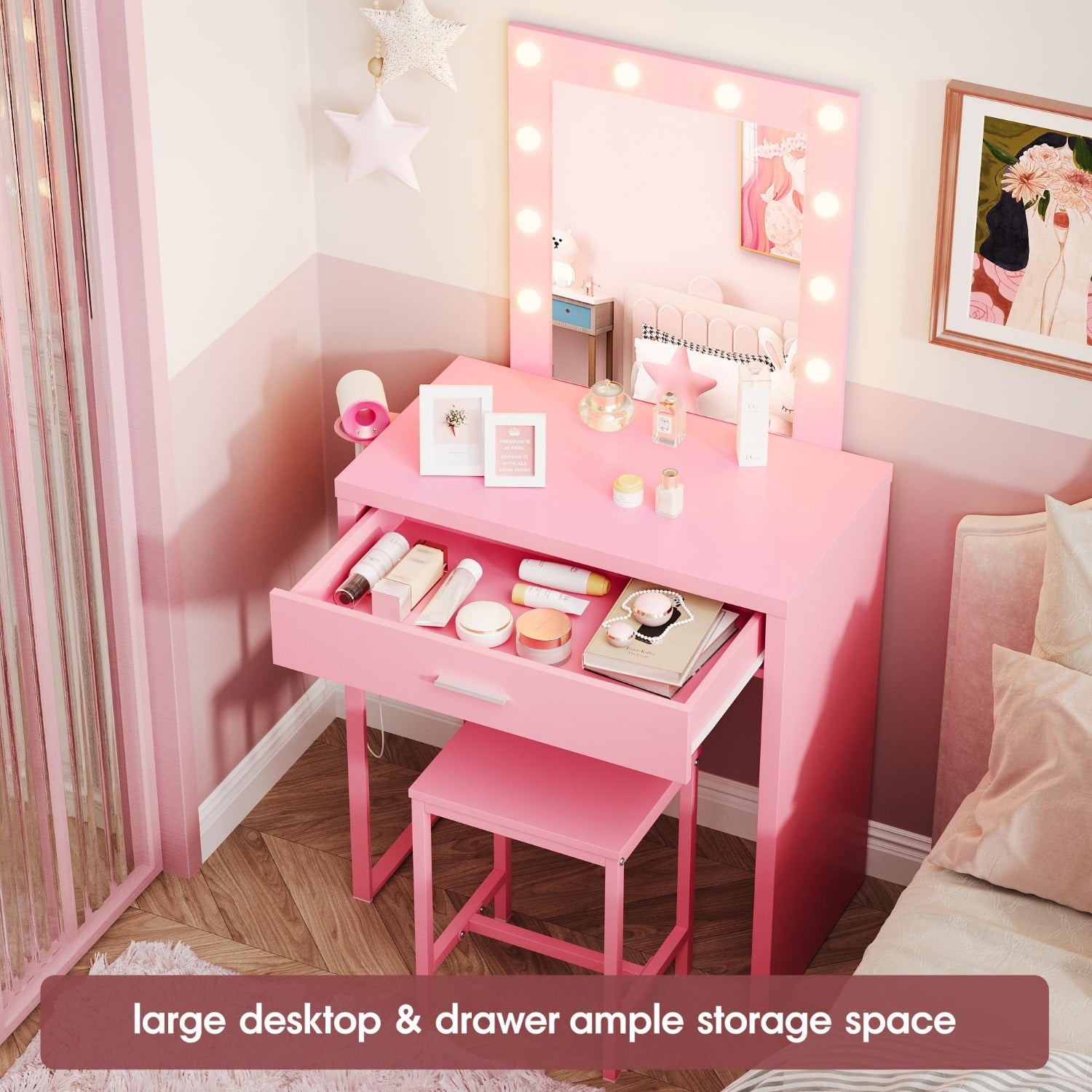 HOSEOKA Compact Vanity Desk Set with Mirror & 10-LED Lighted Makeup Table & Chair - Space-Saving Dressing Table for Small Rooms, Easy Assembly, Low Profile Design (Under 27\