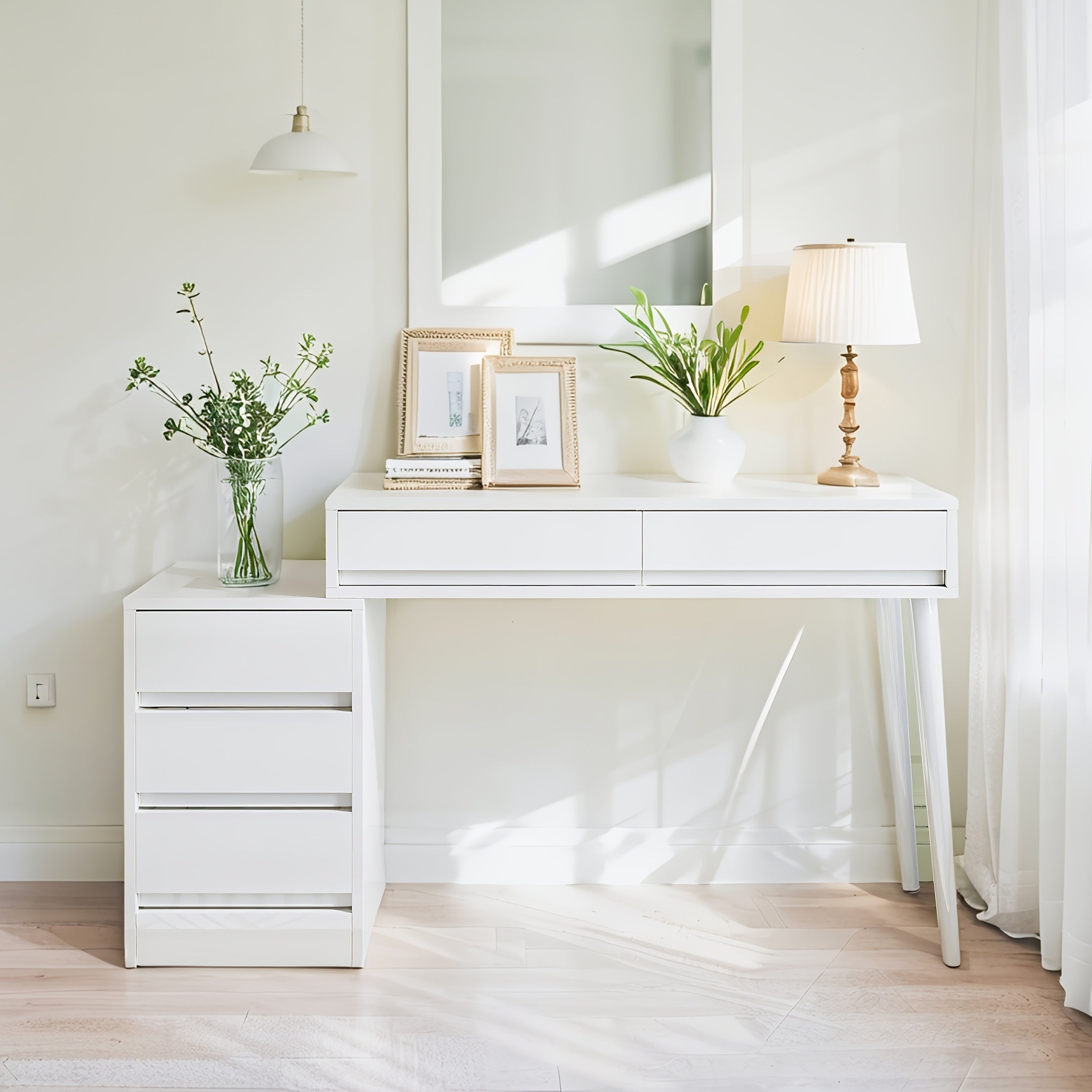 White Desk with Drawers & Reversible Dressing Table - Modern Home Office Computer Desk, Hardwood & Metal Frame, Compact Space-Saving Design Under 27\