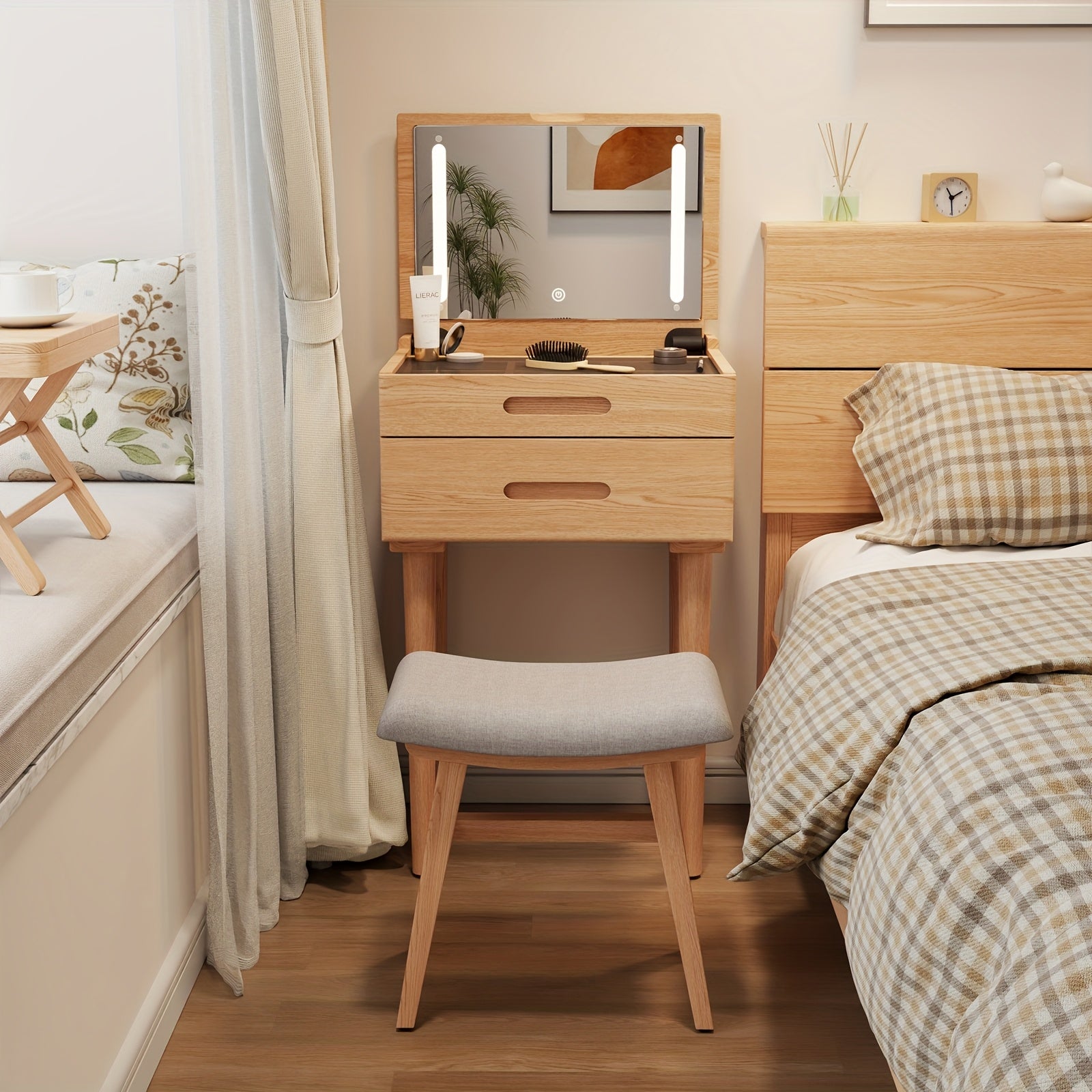 KASLANDI Solid Wood Vanity Stool, Saddle Cushion Vanity Bench with High-Strength Rebound Sponge, Easy Assembly, Vanity Chair, Foot Stool, Makeup Stool for Bedroom, Entryway, Furniture for Home Clearance, Free Shipping