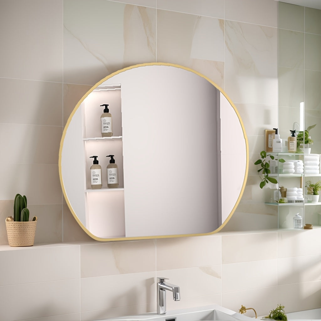 Half Circular Wall Mounted Makeup Mirror, Bathroom Shower Mirror, Golden\u002Fblack, Aluminum Frame, Easy to Hang.