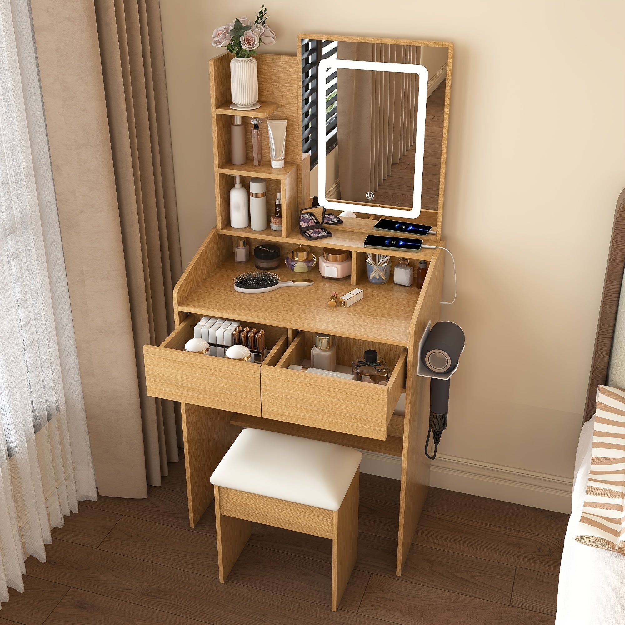 Bedroom Dressing Table, High-end Integrated Design Dressing Table Suitable For Small Apartments, Small Dressing Table With Stool, Multifunctional Bedroom Dressing Table, Cabinet Dressing Table For Placing Cosmetics