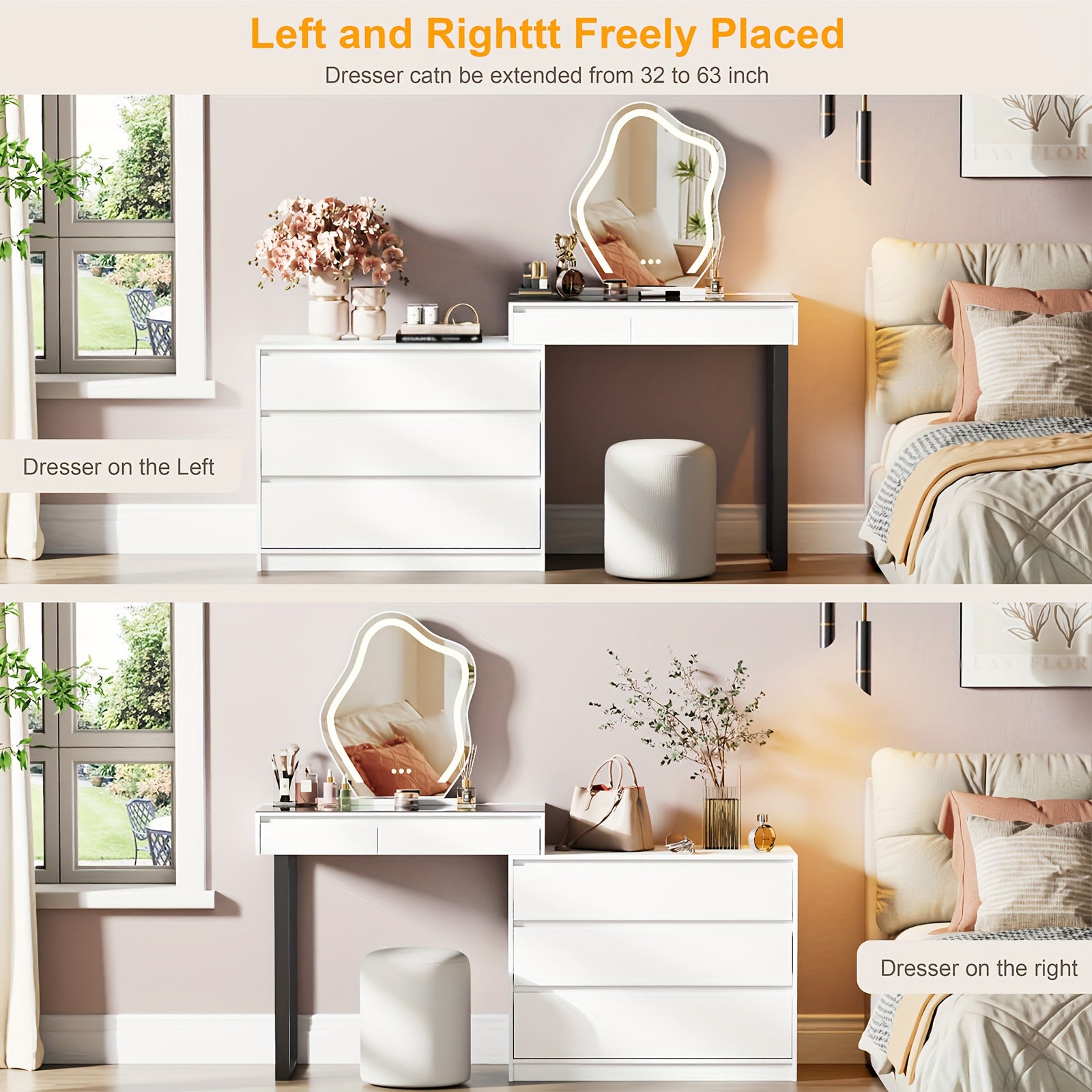 Corner Vanity Desk With Mirror And Lights, Makeup Table With Drawers & Jewelry Cabinet, 3 Color Led Lights & 5 Drawers Large Vanity With Storage, Bedroom, Dressing Table