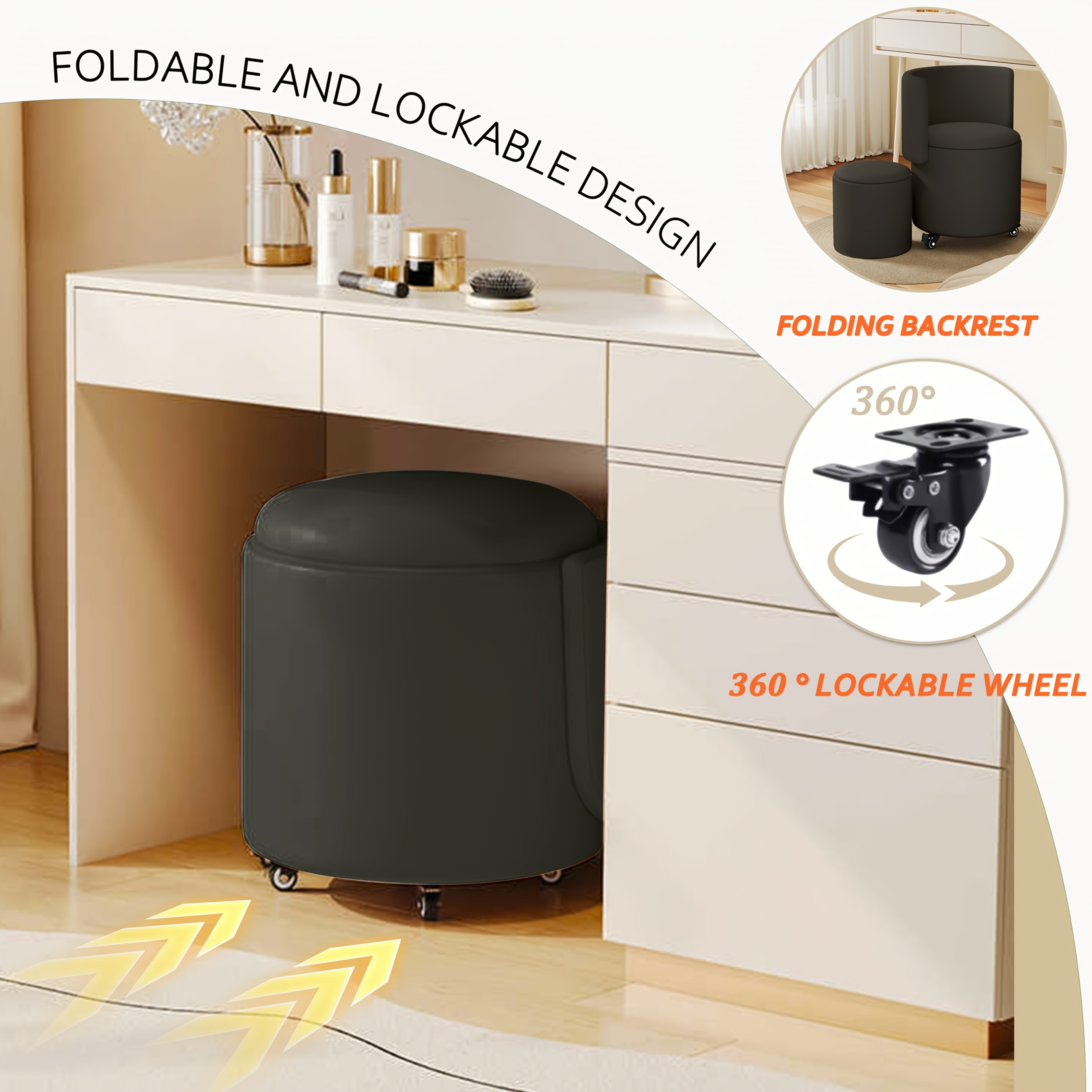 Round Storage with Rolling Wheels, Makeup Chair, A Makeup Stool with Wheels And A Foldable Backrest for Living Room, Bedroom, Dorm Stool