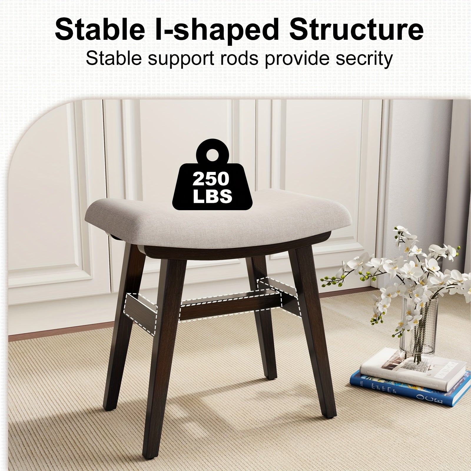 KASLANDI Solid Wood Compact Vanity Stool & Makeup Chair - Frame with Saddle Cushion, Linen-Wrapped High-Rebound Sponge Seat, Easy Assembly Footstool for Small Spaces Suitable for Bedroom, Entryway,, Dorm - Classic Style