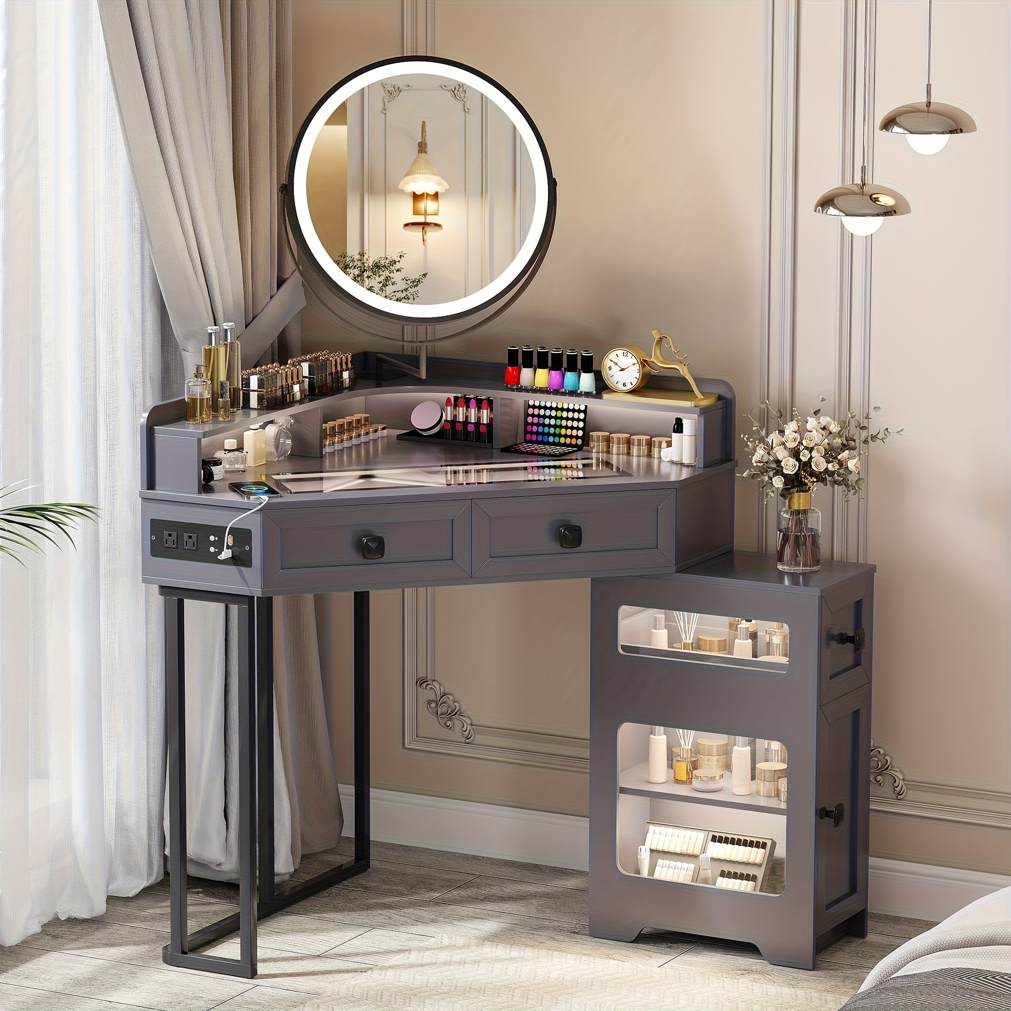 Modern Makeup Vanity Set Featuring a Mirror And Lights, Including a Charging Station, Designed for Bedrooms Or Cloakrooms, with a Glass Top And Storage Drawers And Shelves in White