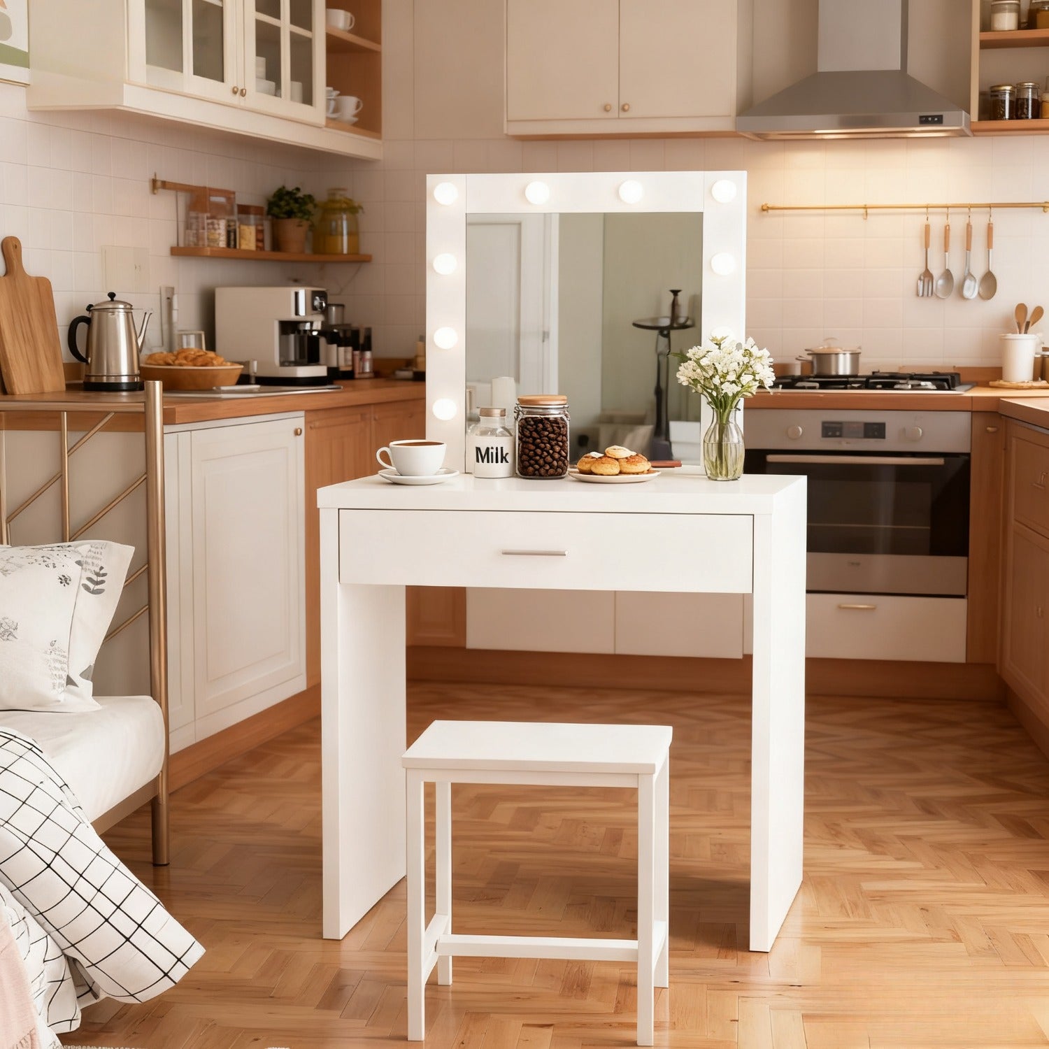 HOSEOKA Compact Vanity Desk Set with Mirror & 10-LED Lighted Makeup Table & Chair - Space-Saving Dressing Table for Small Rooms, Easy Assembly, Low Profile Design (Under 27\