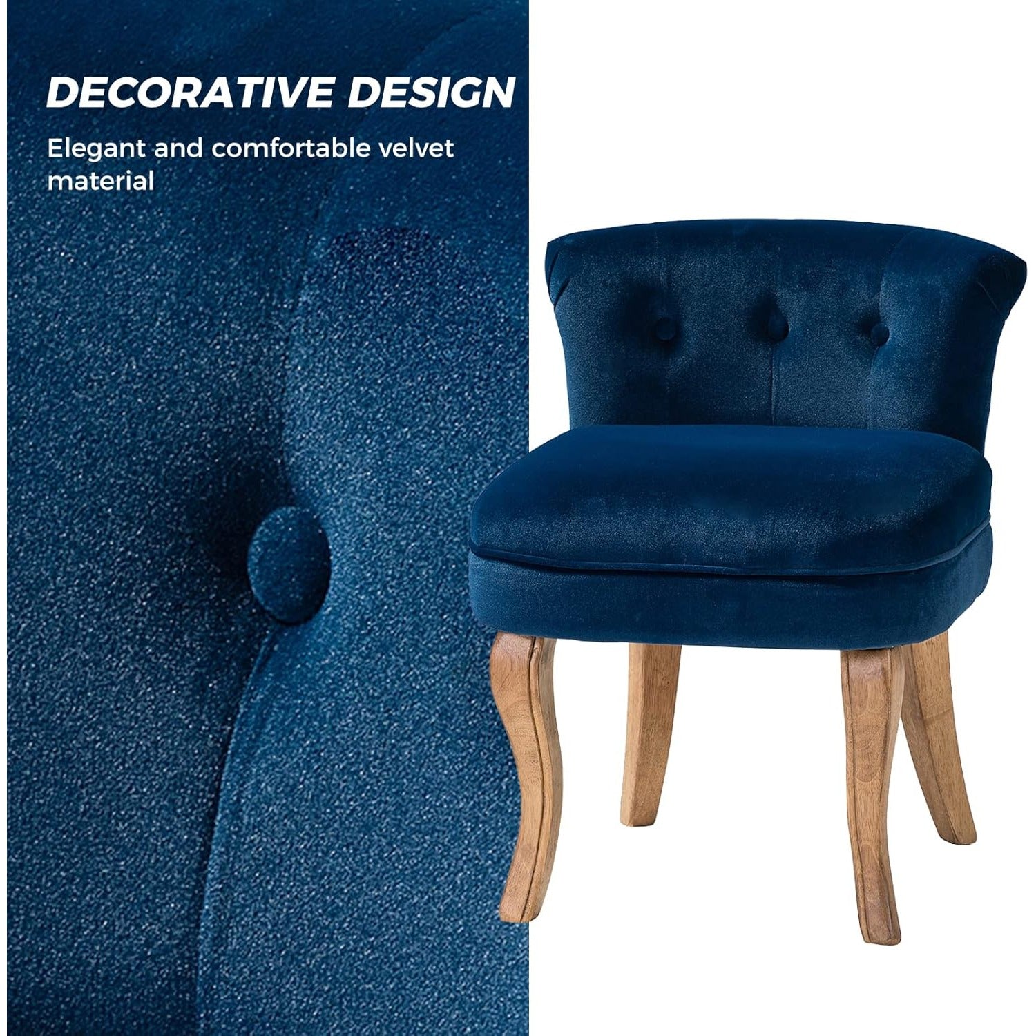 Navy Velvet Vanity Stool with Low Back - Modern Upholstered Makeup Chair with Solid Wood Legs, Assembly Compact Dressing Table Chair Suitable for Women & Girls, Bedroom, Living Room, Dressing Table - Stylish Chair