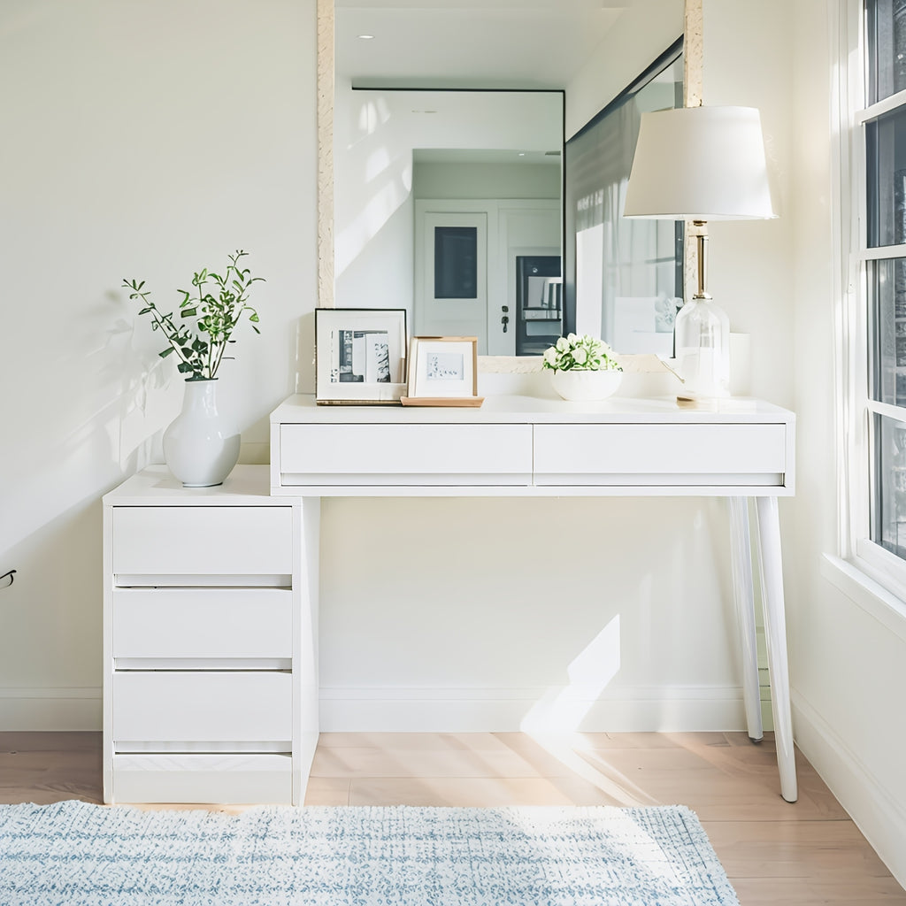 White Desk with Drawers & Reversible Dressing Table - Modern Home Office Computer Desk, Hardwood & Metal Frame, Compact Space-Saving Design Under 27\