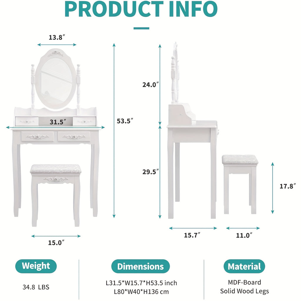 Elegance White Makeup Desk 4-Drawer White Wood Vanity Table and Stool Set - Modern Elegance Makeup Desk with Mirror