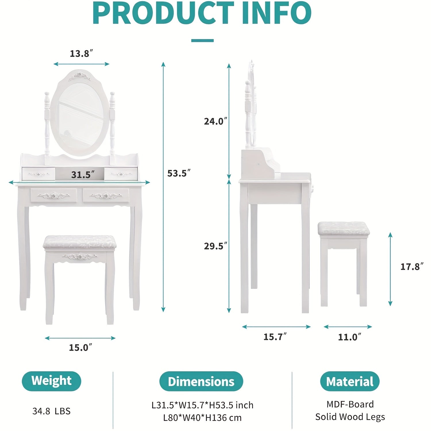 Elegance White Makeup Desk 4-Drawer White Wood Vanity Table and Stool Set - Modern Elegance Makeup Desk with Mirror