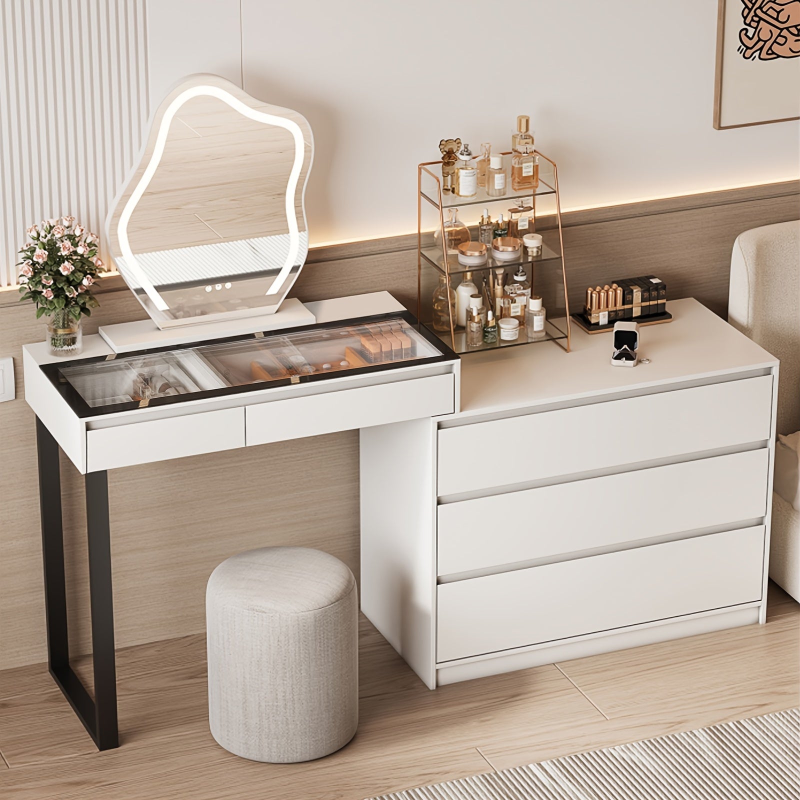 Corner Vanity Desk With Mirror And Lights, Makeup Table With Drawers & Jewelry Cabinet, 3 Color Led Lights & 5 Drawers Large Vanity With Storage, Bedroom, Dressing Table