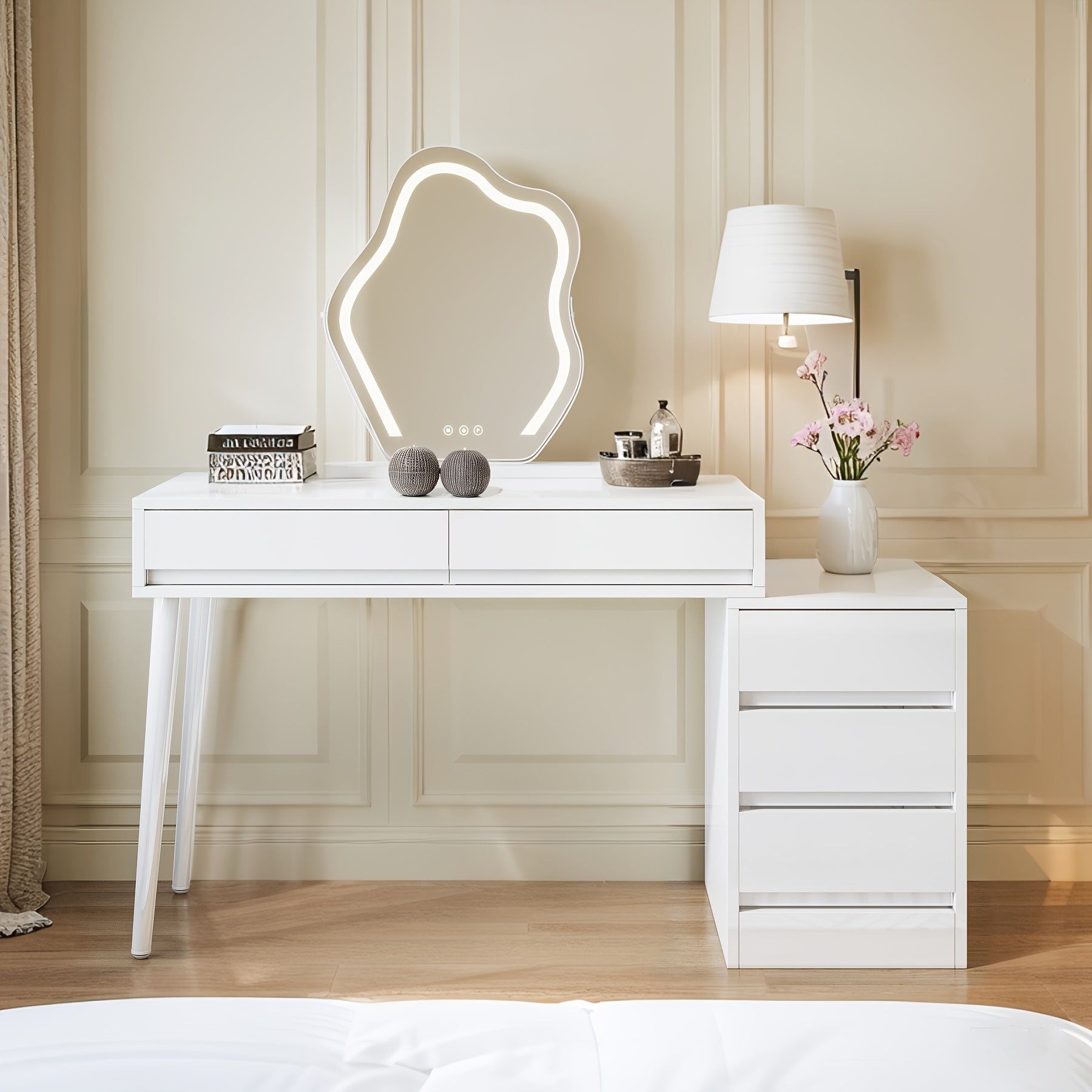 White Desk with Drawers & Reversible Dressing Table - Modern Home Office Computer Desk, Hardwood & Metal Frame, Compact Space-Saving Design Under 27\