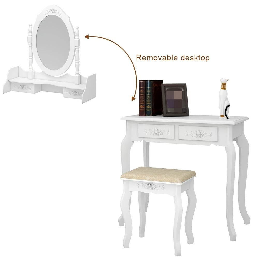 Elegance White Makeup Desk 4-Drawer White Wood Vanity Table and Stool Set - Modern Elegance Makeup Desk with Mirror