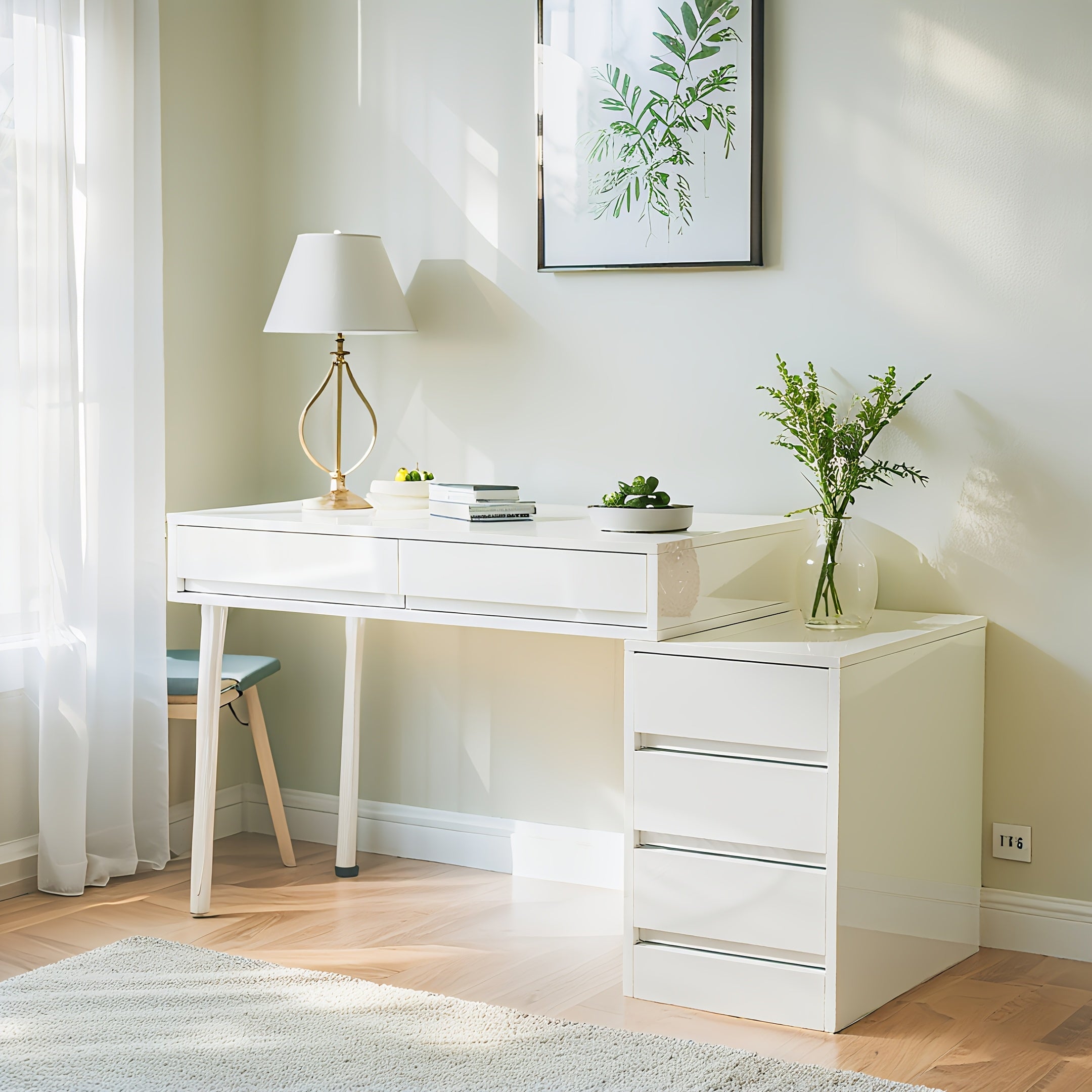 White Desk with Drawers & Reversible Dressing Table - Modern Home Office Computer Desk, Hardwood & Metal Frame, Compact Space-Saving Design Under 27\