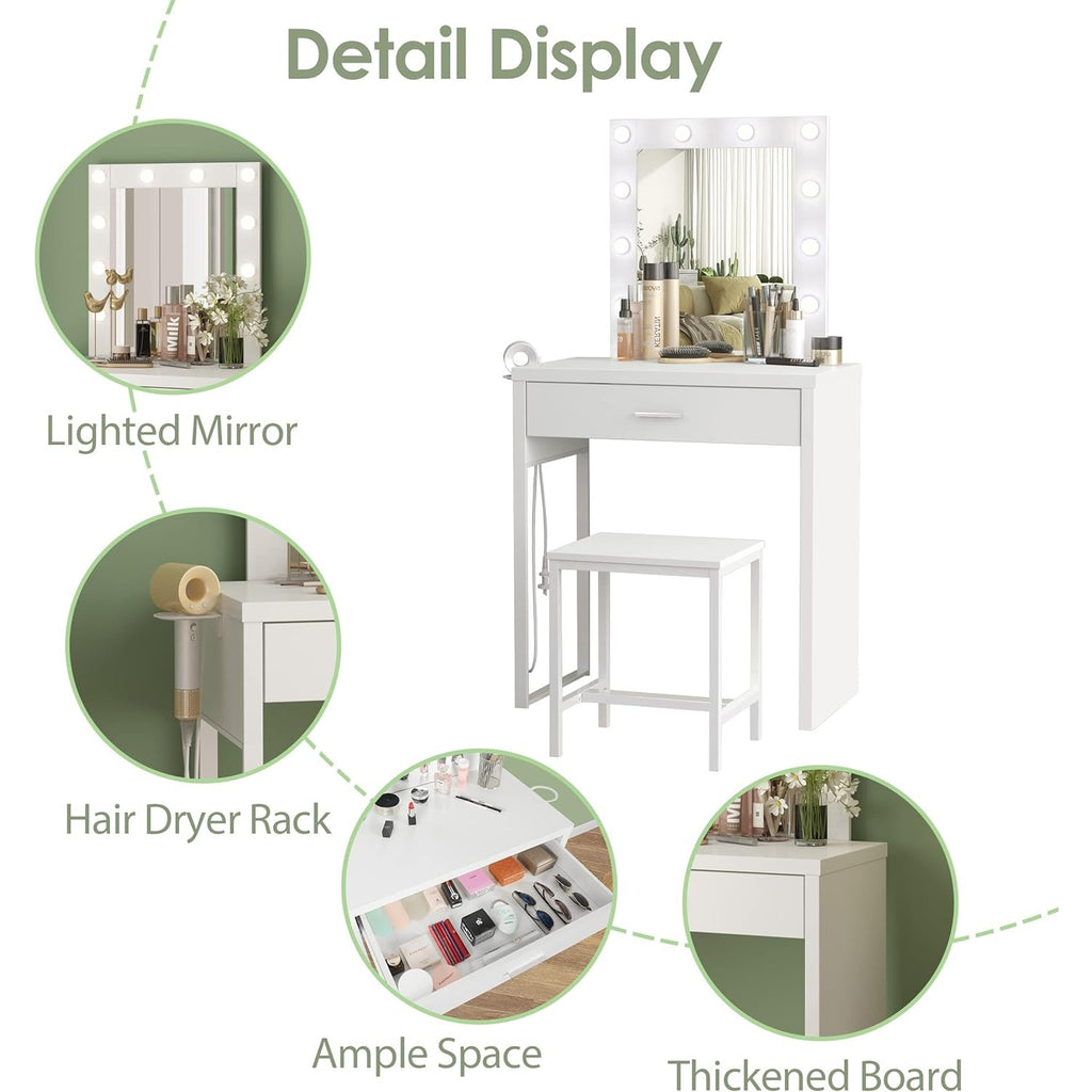 HOSEOKA Compact Vanity Desk Set with Mirror & 10-LED Lighted Makeup Table & Chair - Space-Saving Dressing Table for Small Rooms, Easy Assembly, Low Profile Design (Under 27\