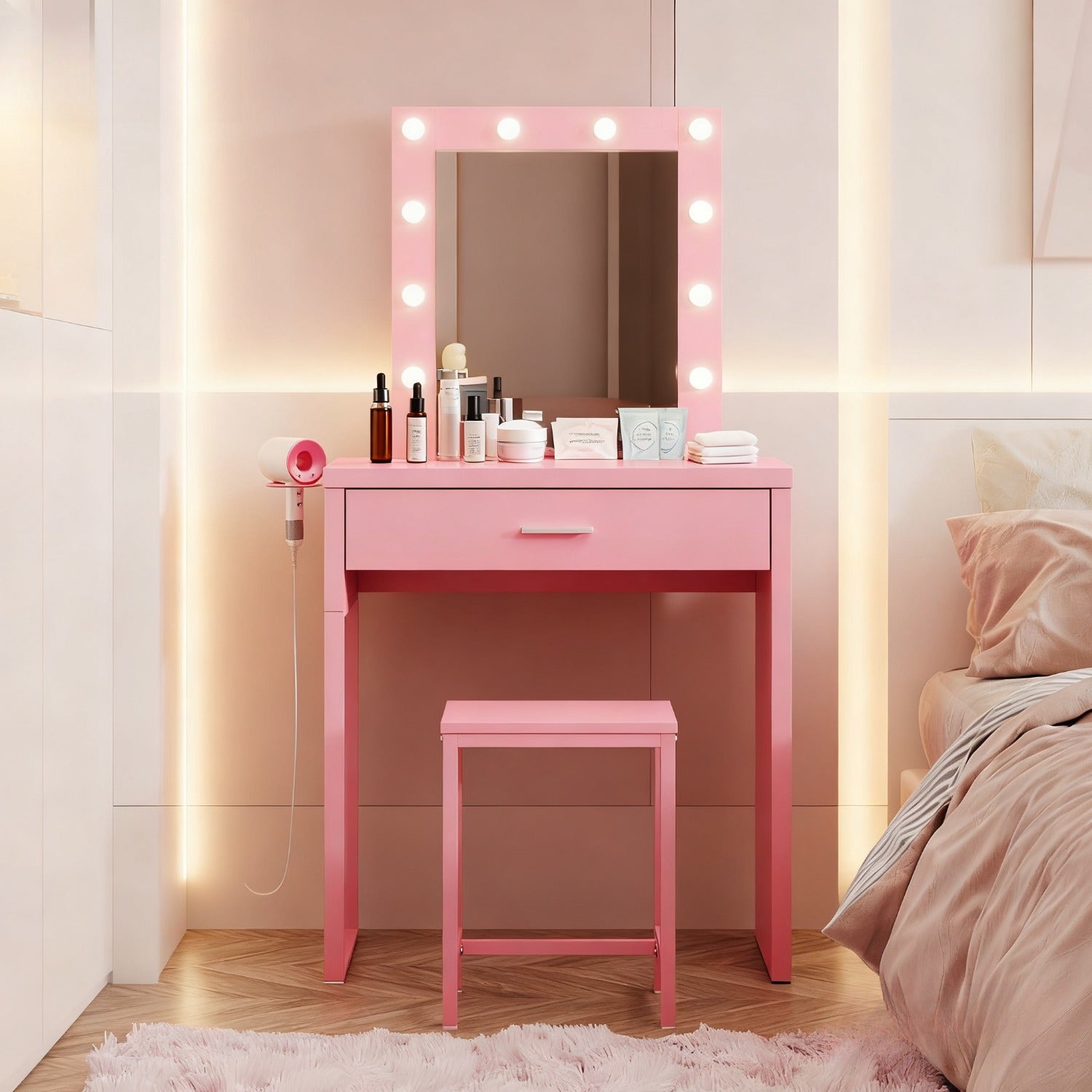 HOSEOKA Compact Vanity Desk Set with Mirror & 10-LED Lighted Makeup Table & Chair - Space-Saving Dressing Table for Small Rooms, Easy Assembly, Low Profile Design (Under 27\