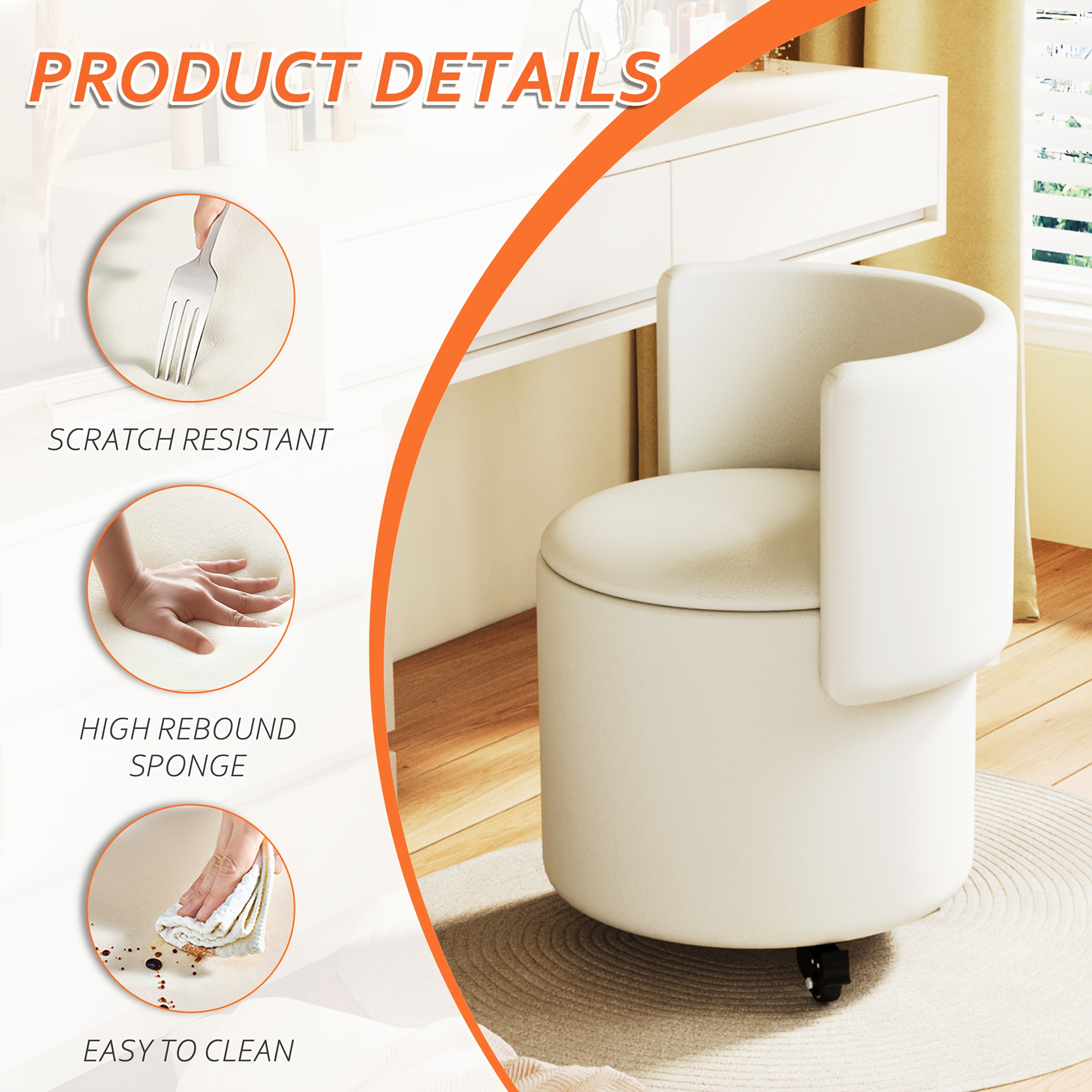 Round Storage with Rolling Wheels, Makeup Chair, A Makeup Stool with Wheels And A Foldable Backrest for Living Room, Bedroom, Dorm Stool