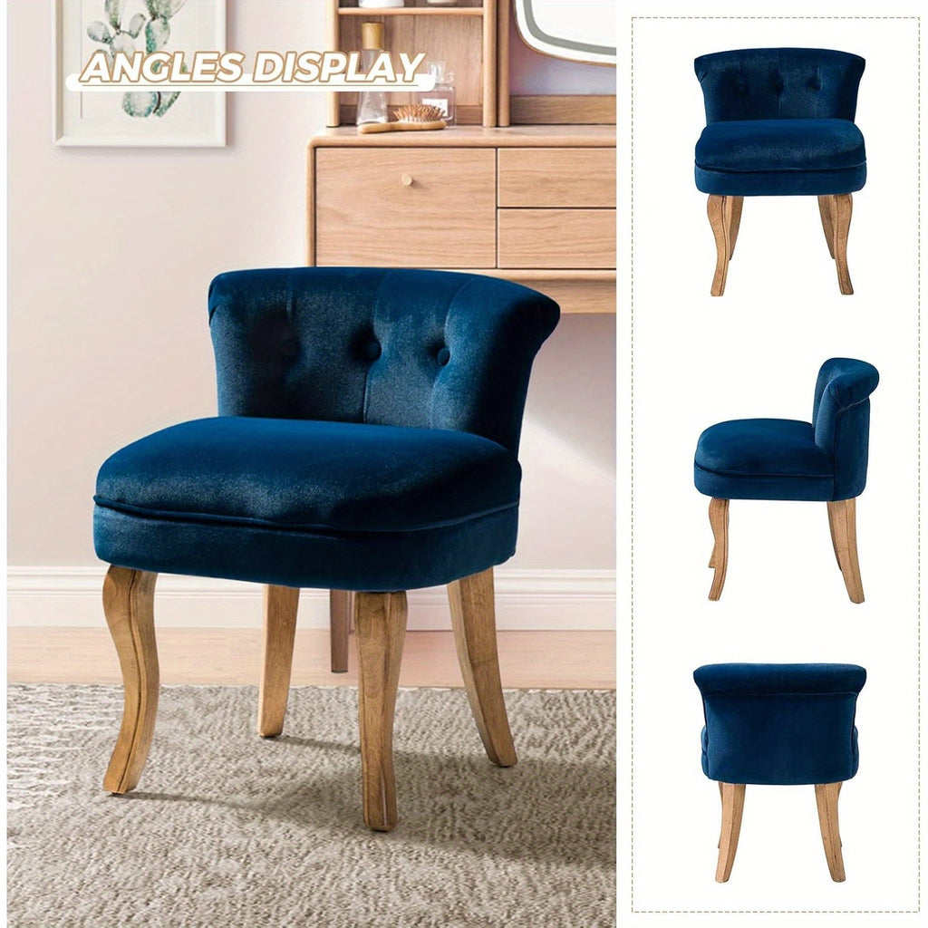 Navy Velvet Vanity Stool with Low Back - Modern Upholstered Makeup Chair with Solid Wood Legs, Assembly Compact Dressing Table Chair Suitable for Women & Girls, Bedroom, Living Room, Dressing Table - Stylish Chair