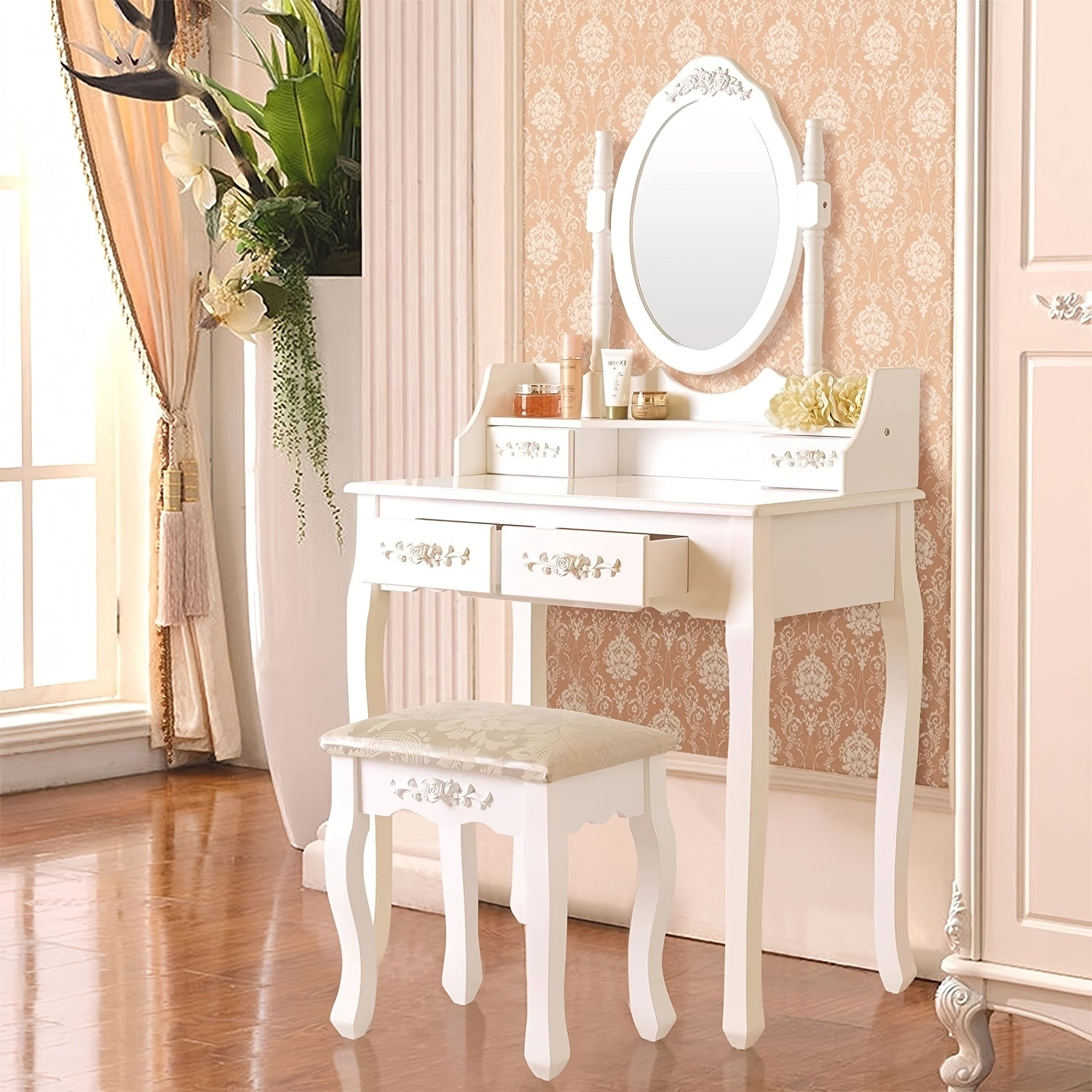 Elegance White Makeup Desk 4-Drawer White Wood Vanity Table and Stool Set - Modern Elegance Makeup Desk with Mirror