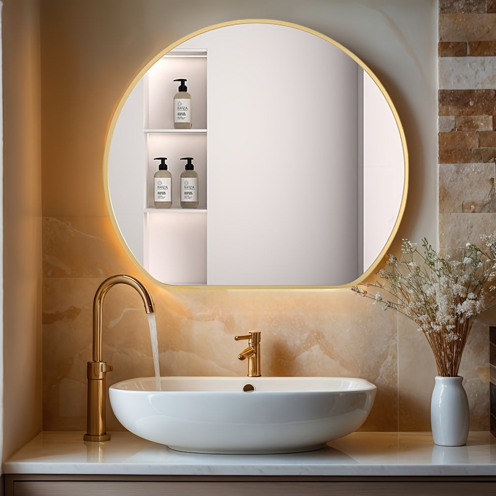 Half Circular Wall Mounted Makeup Mirror, Bathroom Shower Mirror, Golden\u002Fblack, Aluminum Frame, Easy to Hang.